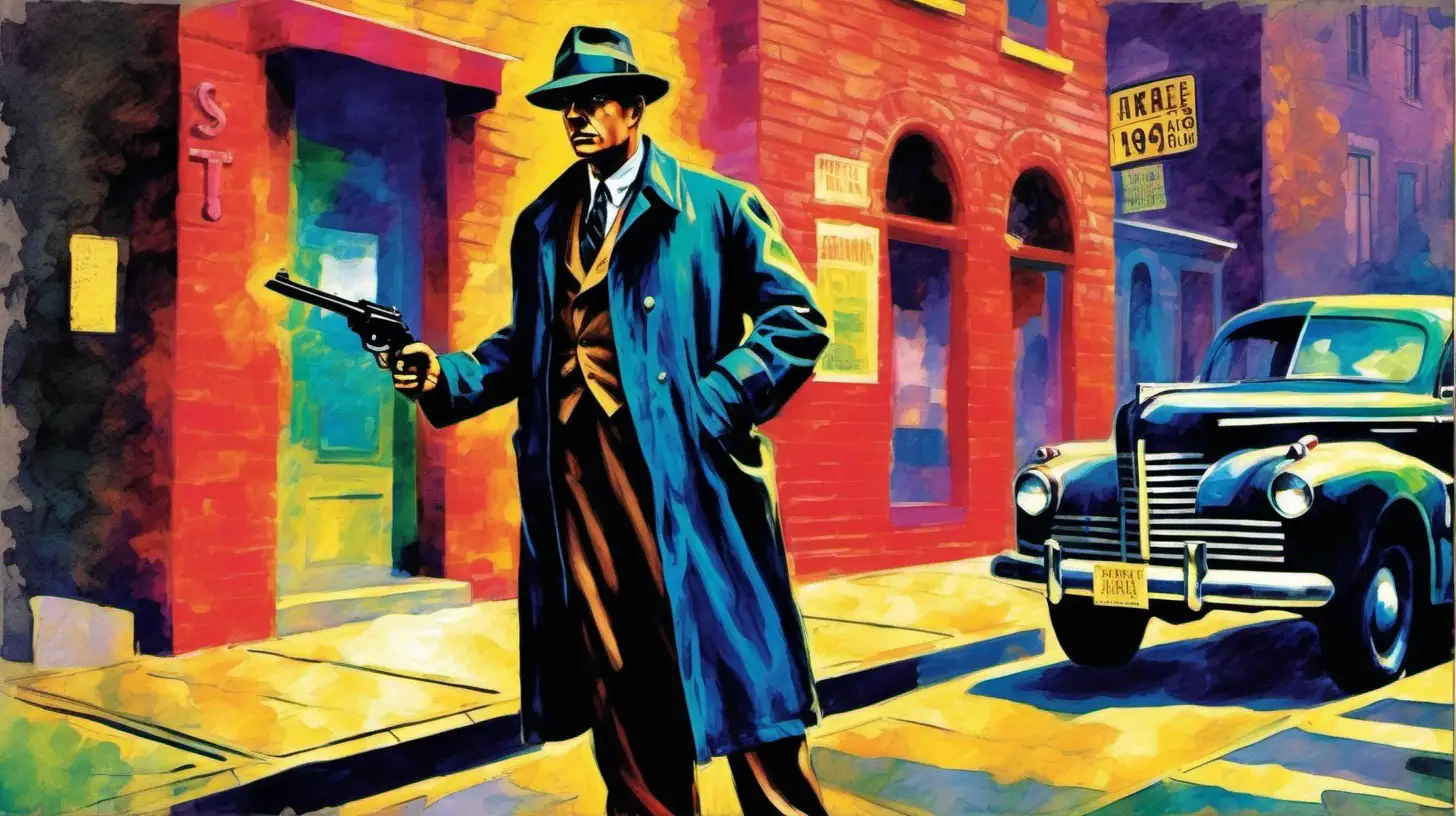 A circa 1940's detective, full-body, standing on a street corner holding a gun, Impressionism style, bright colors.