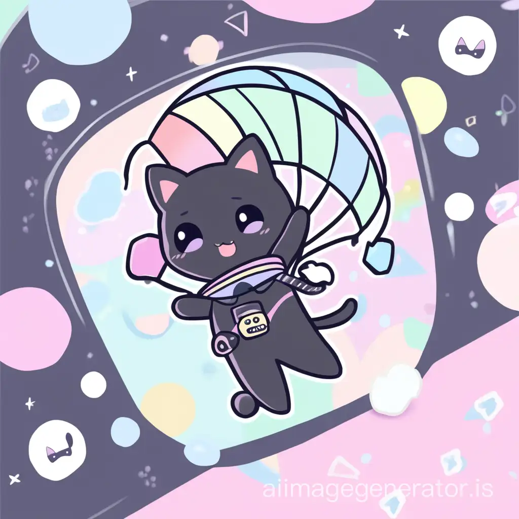 black cat skydiver cute pastel card