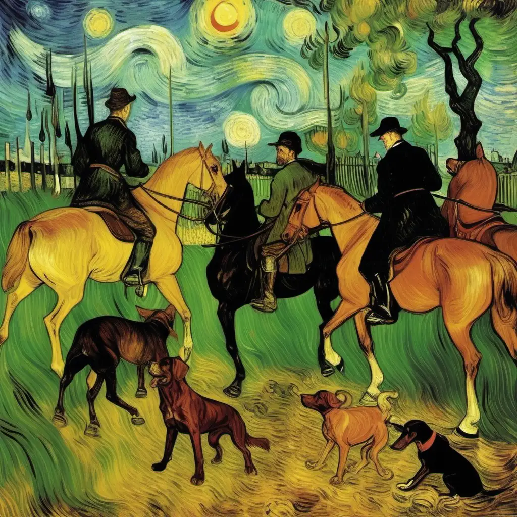 /imagine prompt van gogh ENGLISH HUNTING SCENE WITH  HORSES DOGS