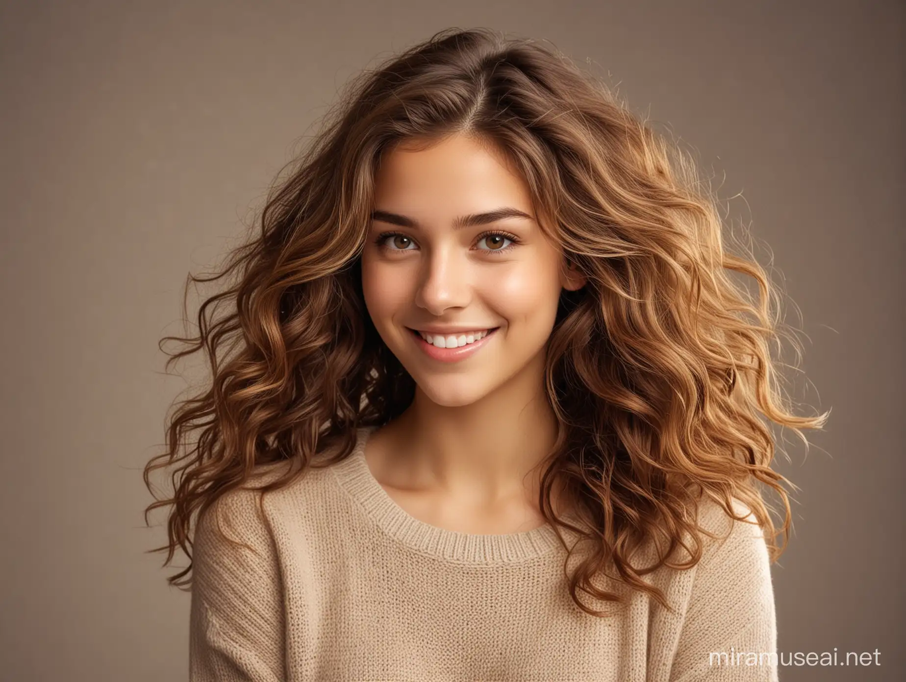 color photo of a captivating young beautiful girl with flowing, luscious hair, dressed in a cozy and stylish casual sweater, against a simple and clean isolated background. The girl's radiant smile and confident gaze reflect her inner beauty and self-assurance. Her hair cascades down in voluminous waves, framing her face and adding to her natural charm. The casual sweater she wears complements her youthful style, with its soft fabric and relaxed fit providing both comfort and a touch of fashionable flair. The isolated background allows the focus to be solely on the girl, emphasizing her beauty and capturing her individuality. This composition celebrates the captivating presence of the young girl, showcasing her grace, confidence, and effortless style. It invites viewers to appreciate the unique beauty of each individual and serves as a reminder that true beauty comes from within.