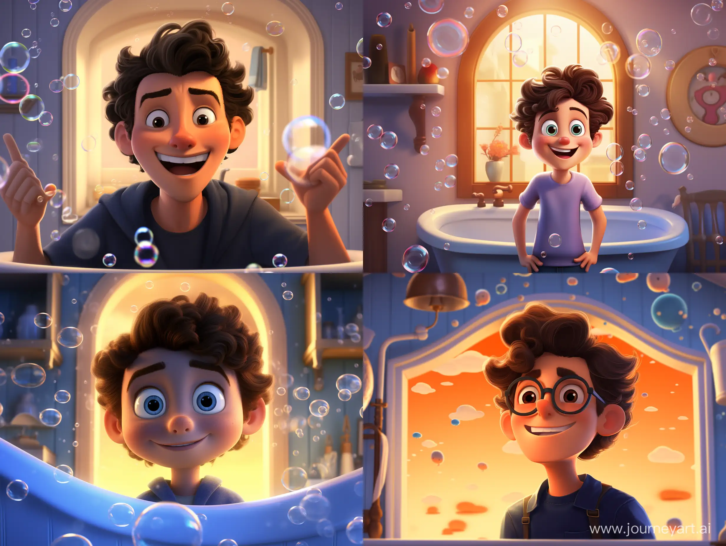 pixar style of a милый, прелестный и парень в ванной стоит перед зеркалом. Фон как будто в пузырях ванны