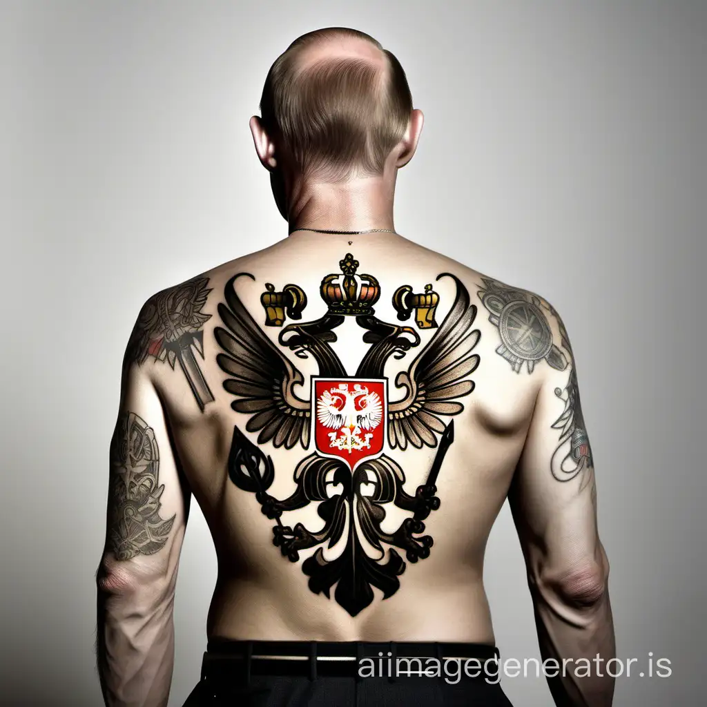 Vladimir Putin with a Russian Coat of Arms tattoo on his shoulder