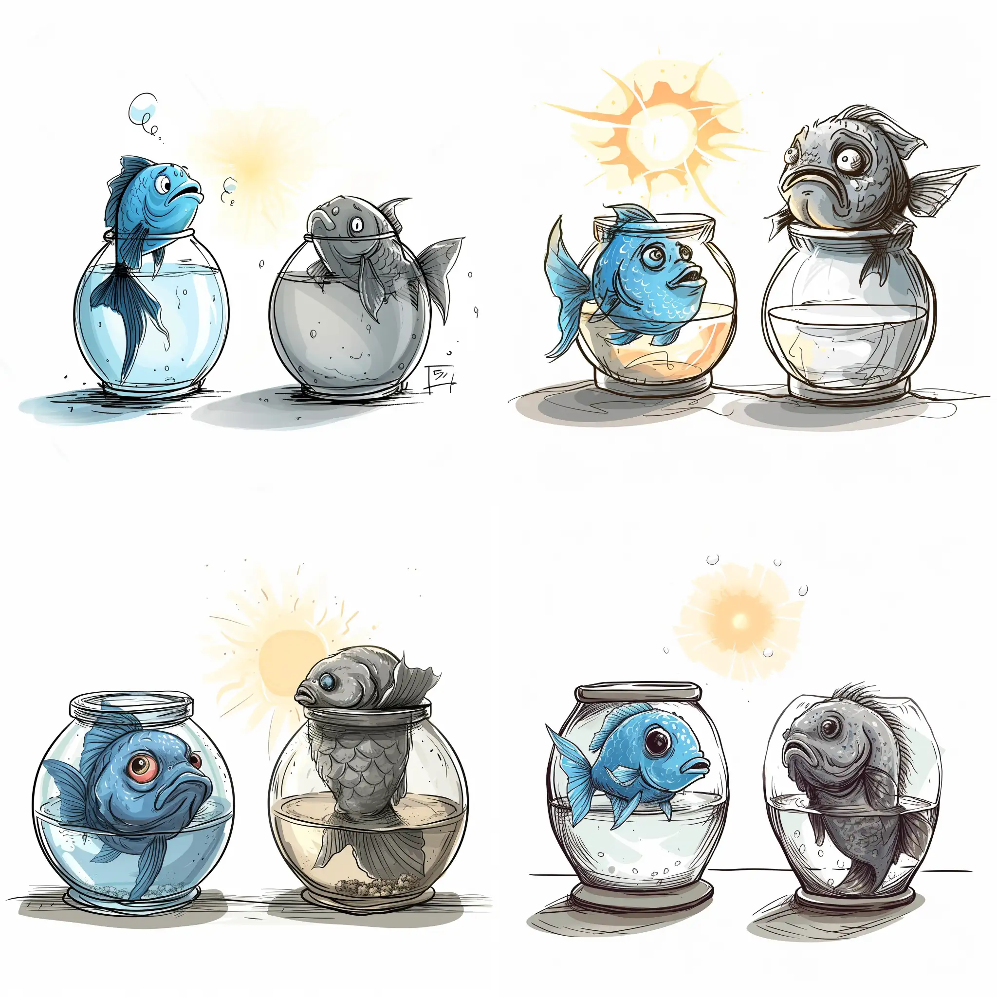 Contrasting-Emotions-Happy-Blue-Fish-and-Weary-Gray-Fish-in-Sunlit-Fishbowls
