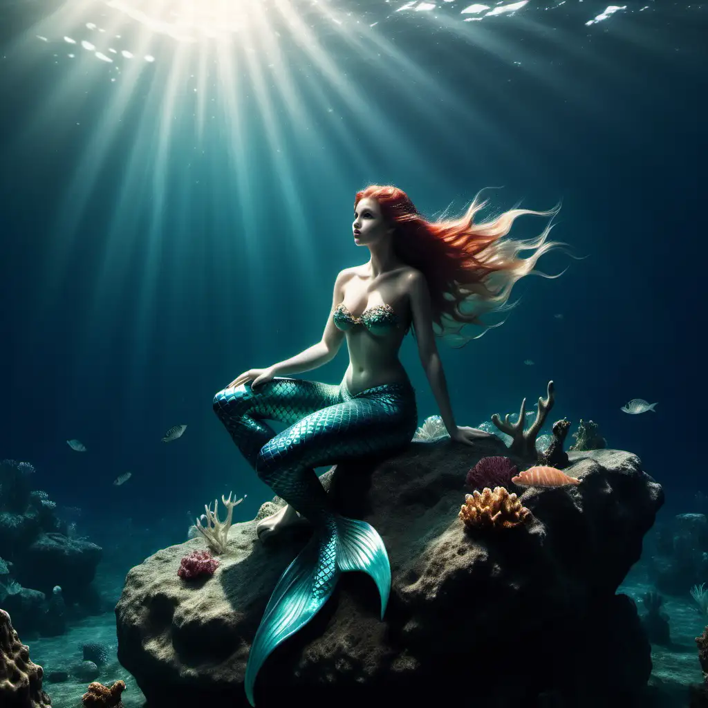 Majestic Mermaid Sitting on Rocky Outcrop Amidst Ocean Depths