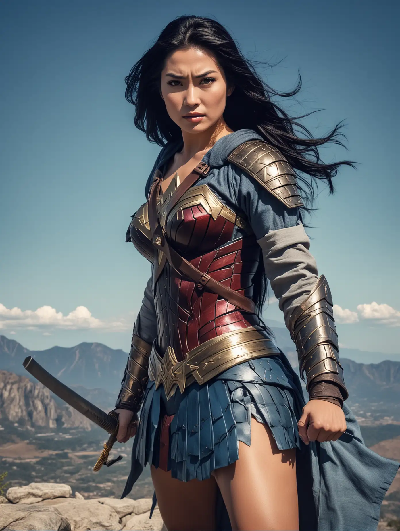 
Prompt

otograph, upper body shot, of a well built Samurai woman, face looking at the viewer, heroic pose,as Wonder Woman, long black hair, folded arms, on a mountain top, amazing blue sky, (masterpiece:1.0), (best quality:1.0), flash photography, realistic, dramatic lighting, analog-photo, Woman