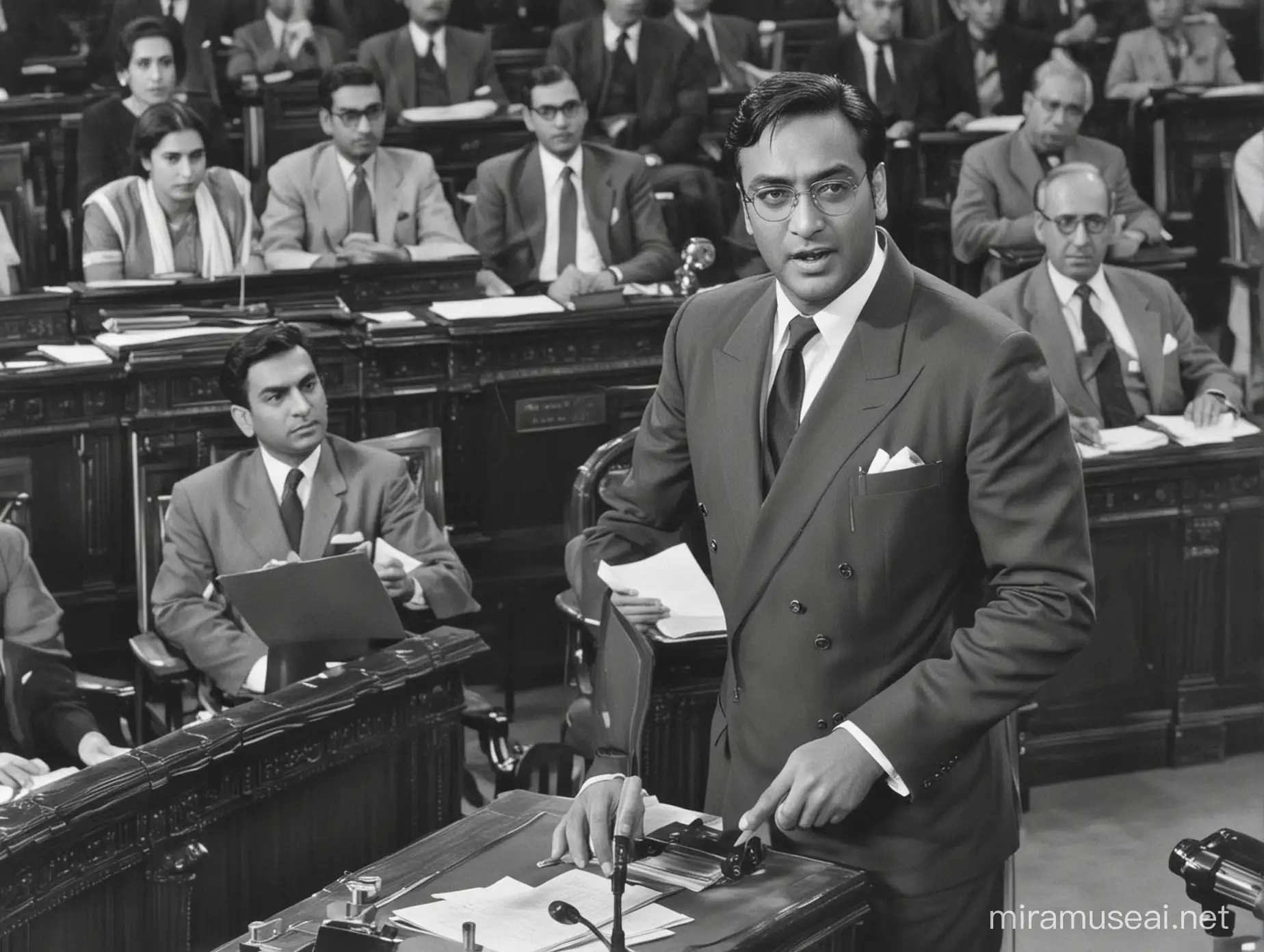 Ajay Devgn as a diplomat in 1952. He is standing in the lok sabha and giving a speech to the leaders trying to convince them about the elections