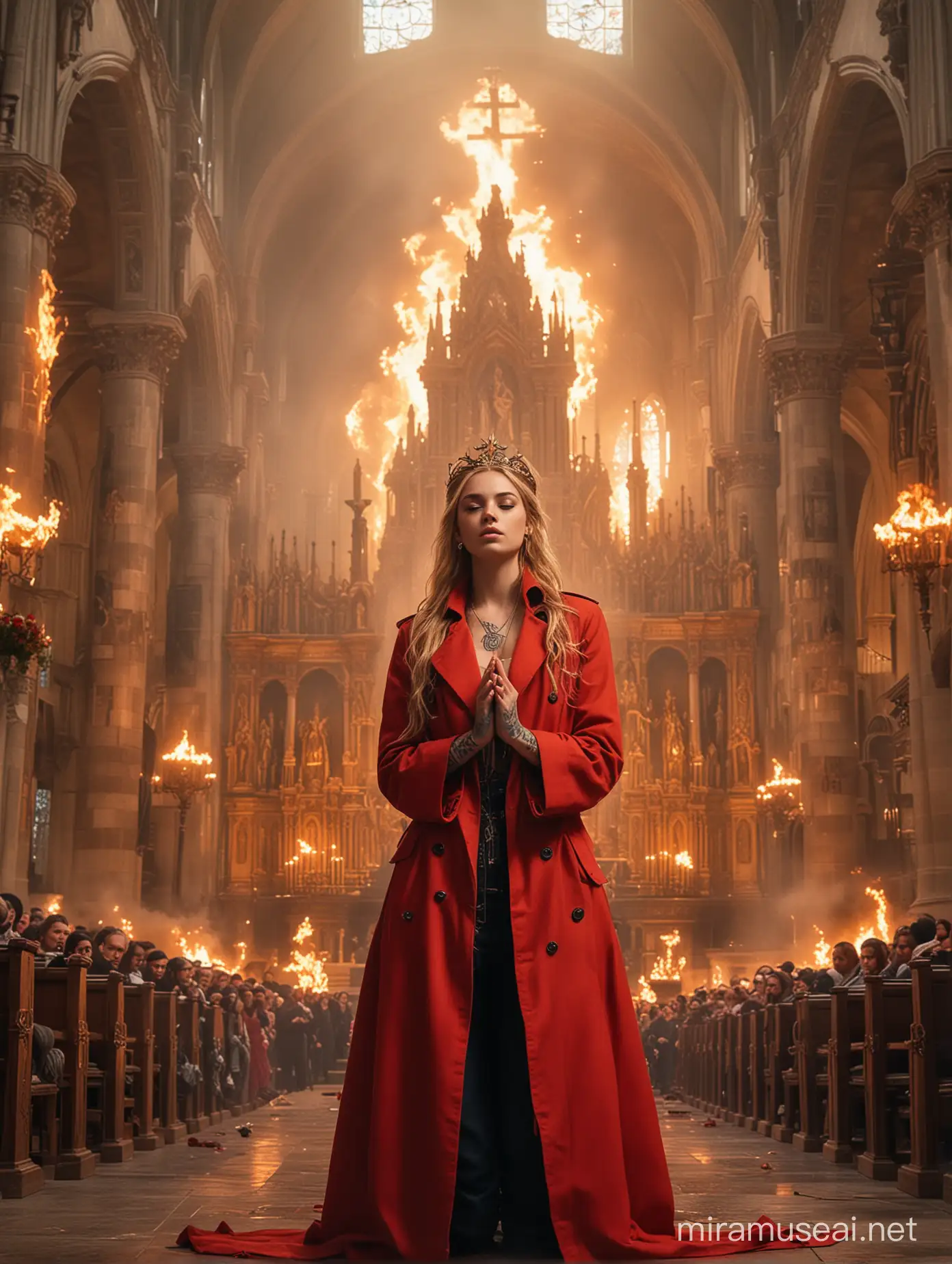 Beautiful teenage empress goddess with honey-colored hair, Has Tattoo, dressed red trench coat, full-body facing surrounded by fire emanating from all directions, inside a gigantic Catholic church with a giant flaming crucifix in the background and people kneeling and worshiping her, with a gigantic peacock on her right shoulder and the words 'rebeca the omen' written in fiery letters.