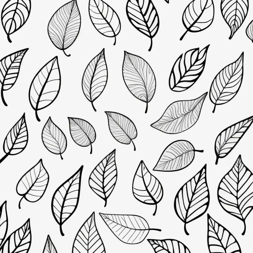 a simple drawing of a repeated pattern of leaves, cartoon, kids colouring page, black and white: 1.5, white png background, flat 2d  –no shading, gradient, colors: 1.5, saturation:1.2, colored, shadow: 1.1, 3d -- ar 9:11