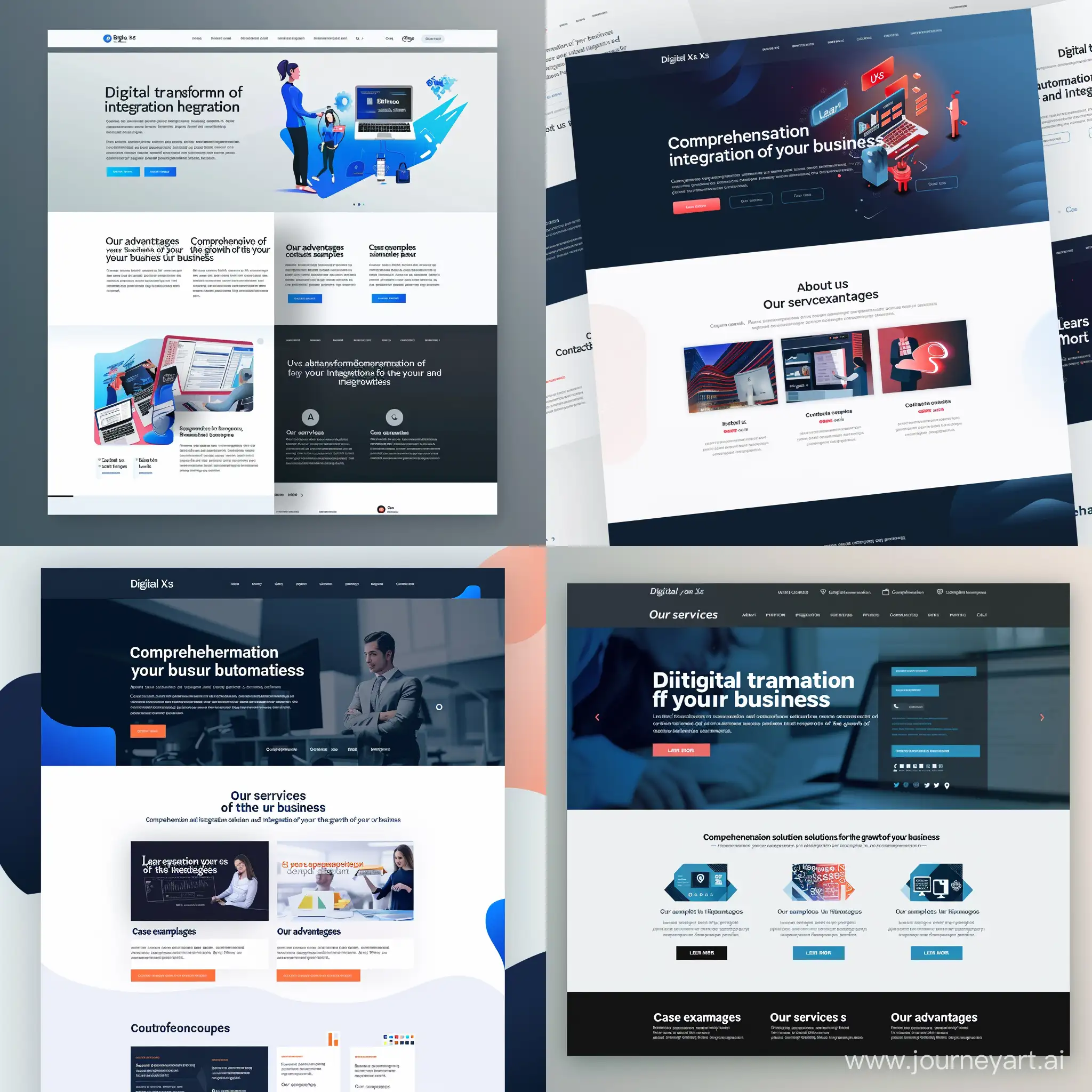 Create a complete website design image for an IT company specializing in digital business transformation, taking into account the following details: modern, clean and professional style; blocks should include a home page with the title “Digital transformation of your business” and the subtitle “Comprehensive automation and integration solutions for the growth of your business”, an “About us” section with a brief description of the company’s history and mission, a “Our services” section with a detailed description of the four main services: implementation and configuration of CRM systems, software development, automation of business processes, configuration of integrations, section “Our advantages” with an emphasis on experience, individual approach, reliability, section “Case examples” with a brief description of implemented projects, section “Contacts” " with the feedback form. The text must be in Russian. The design should support visual hierarchy, creating a logical flow of information, while remaining user friendly and ensuring high conversion rates. Include interactive elements such as CTA "Learn More" and "Contact Us" buttons, keeping in mind UX/UI design best practices.