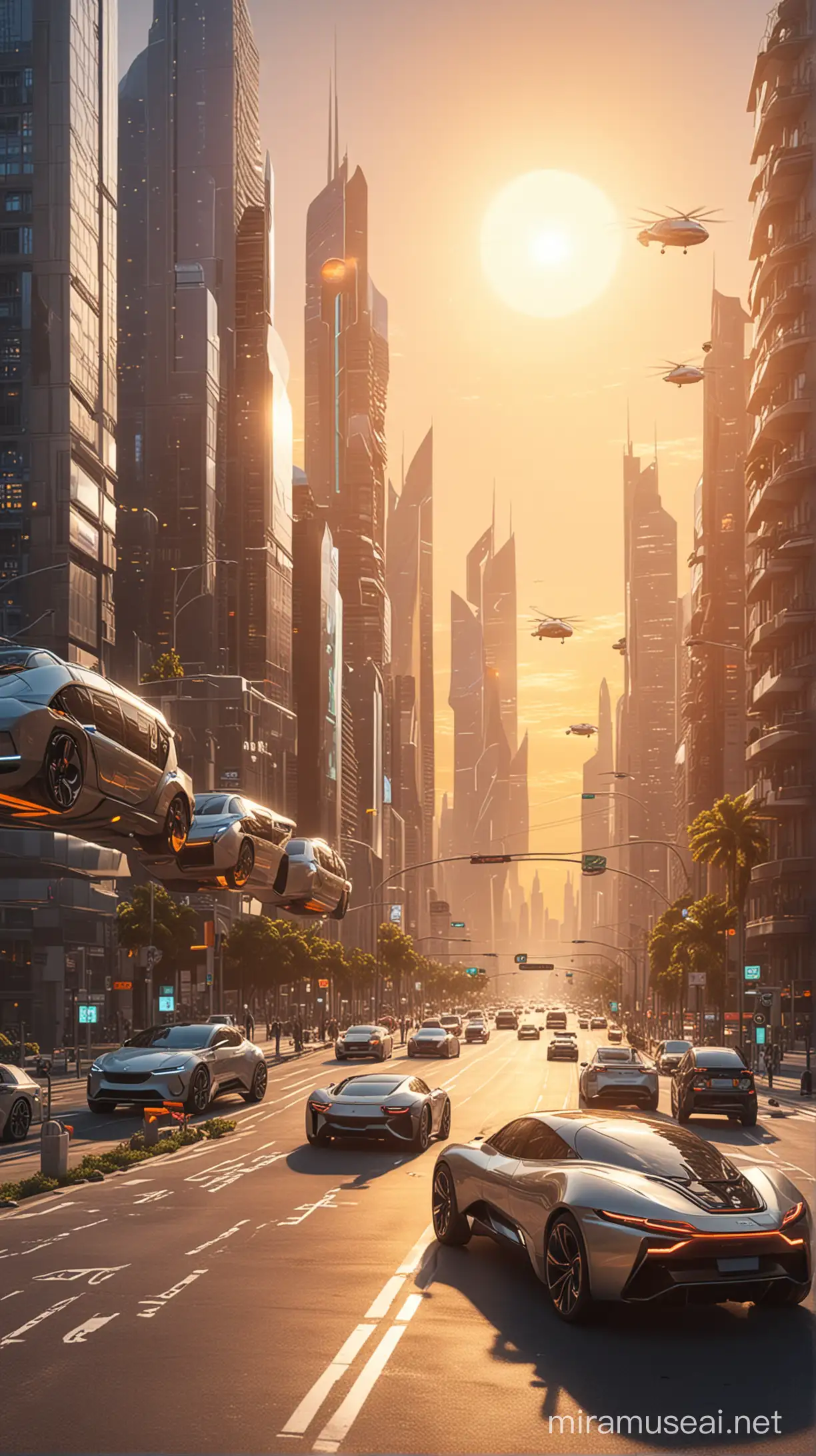 futuristic city with eletric cars on the road driving into the sun set