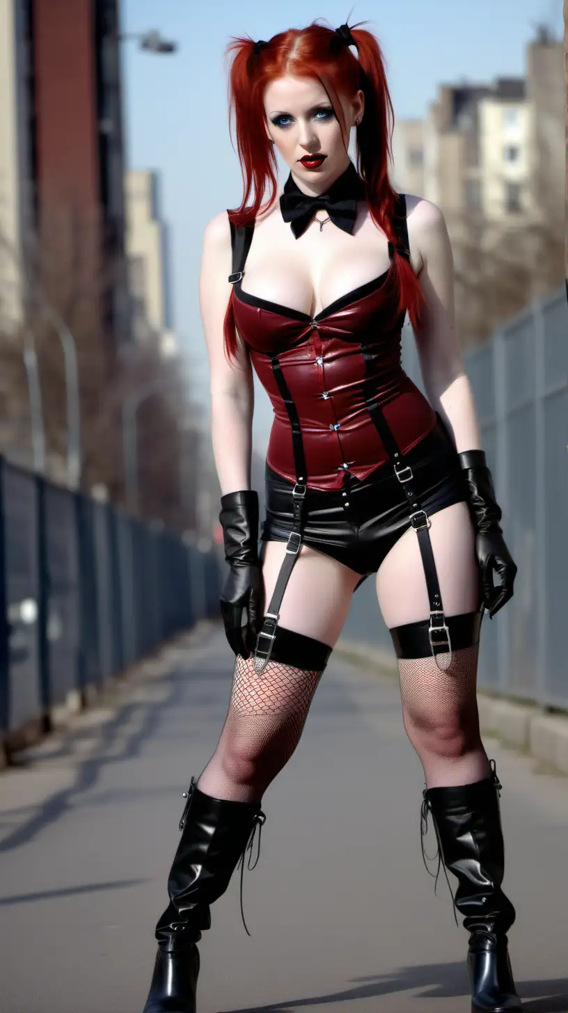Young seductive redhead with piercing blue eyes and 2 ponytails, wearing tight very dark red basque, suspenders, fishnet stockings, g- string, long leather high heel boots, steel collar, city street