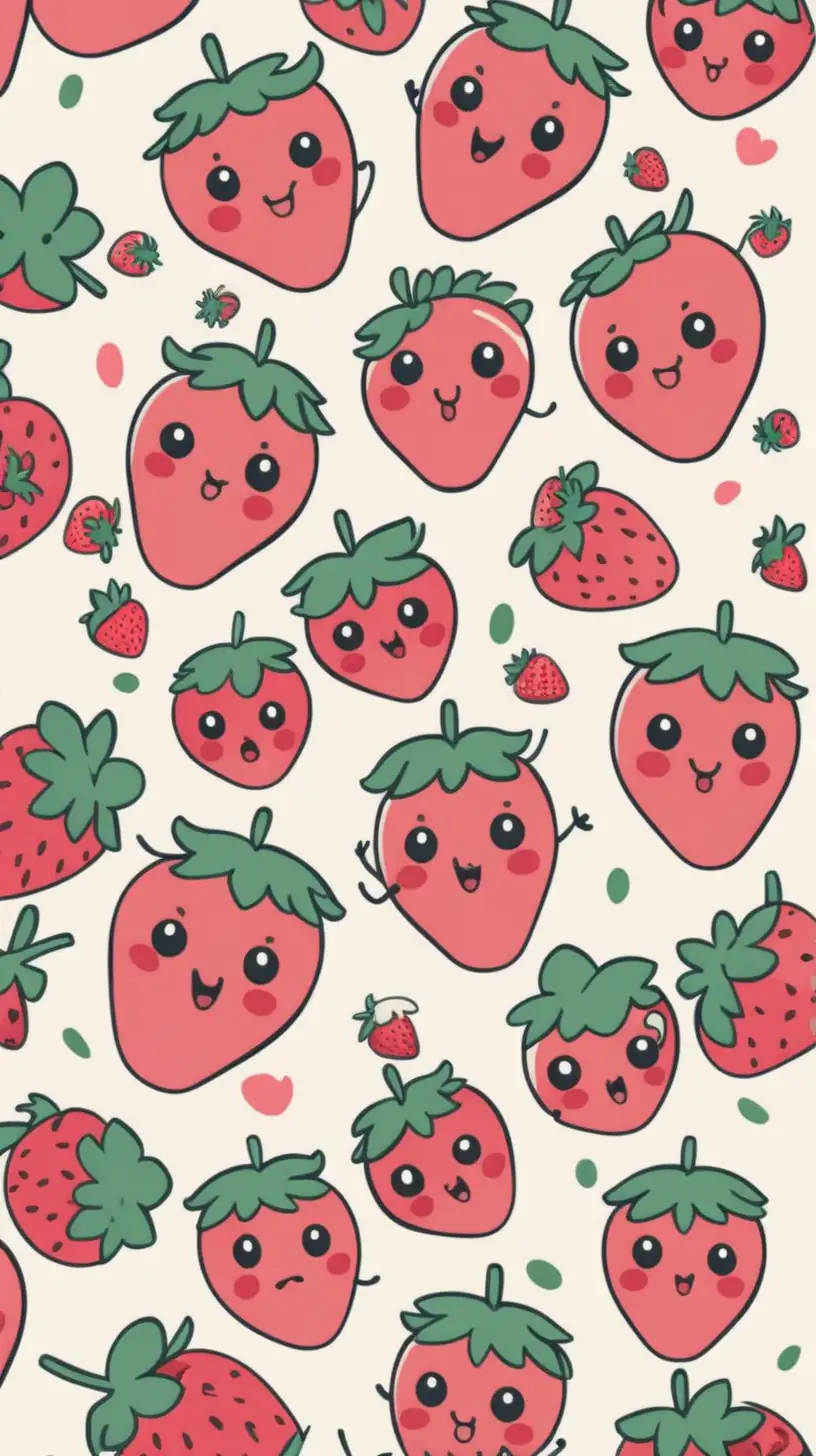 Pattern of cute strawberries with stick hands, evoking a playful and charming atmosphere.