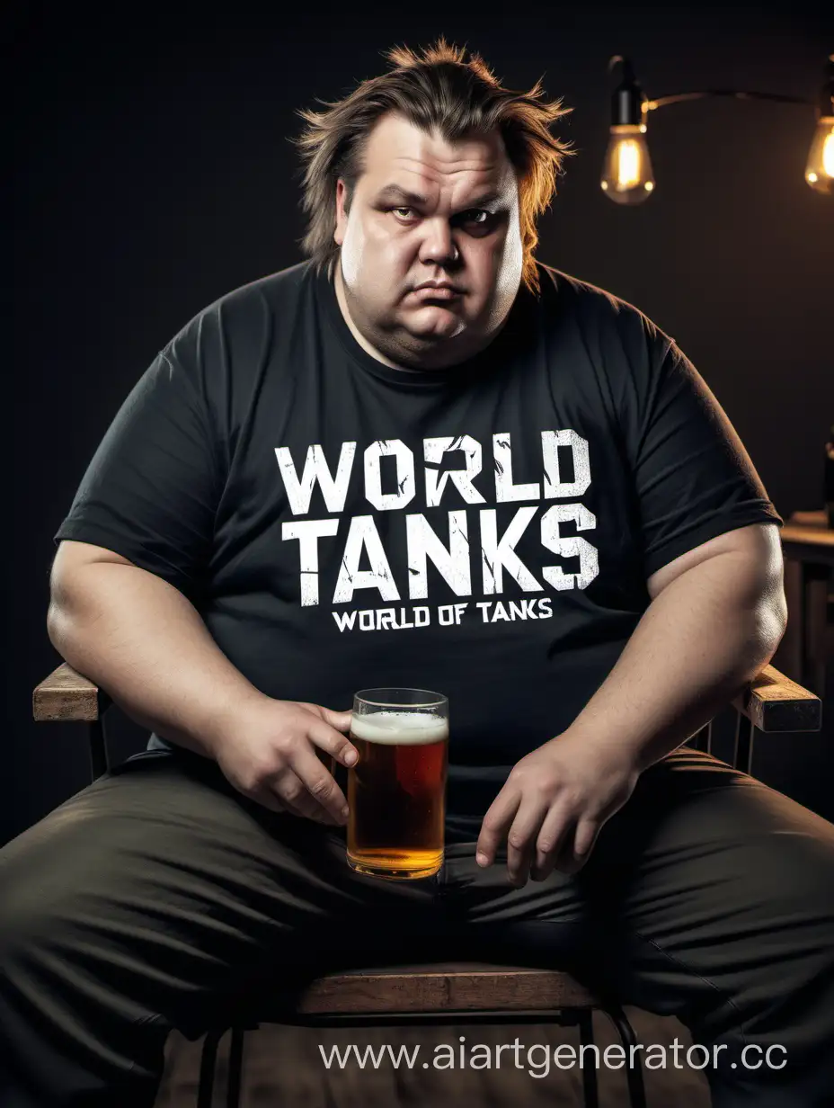 толстый мужик, страшный, жирные волосы, футболка с надписью world of tanks, сидит на стуле, в руке бокал пива