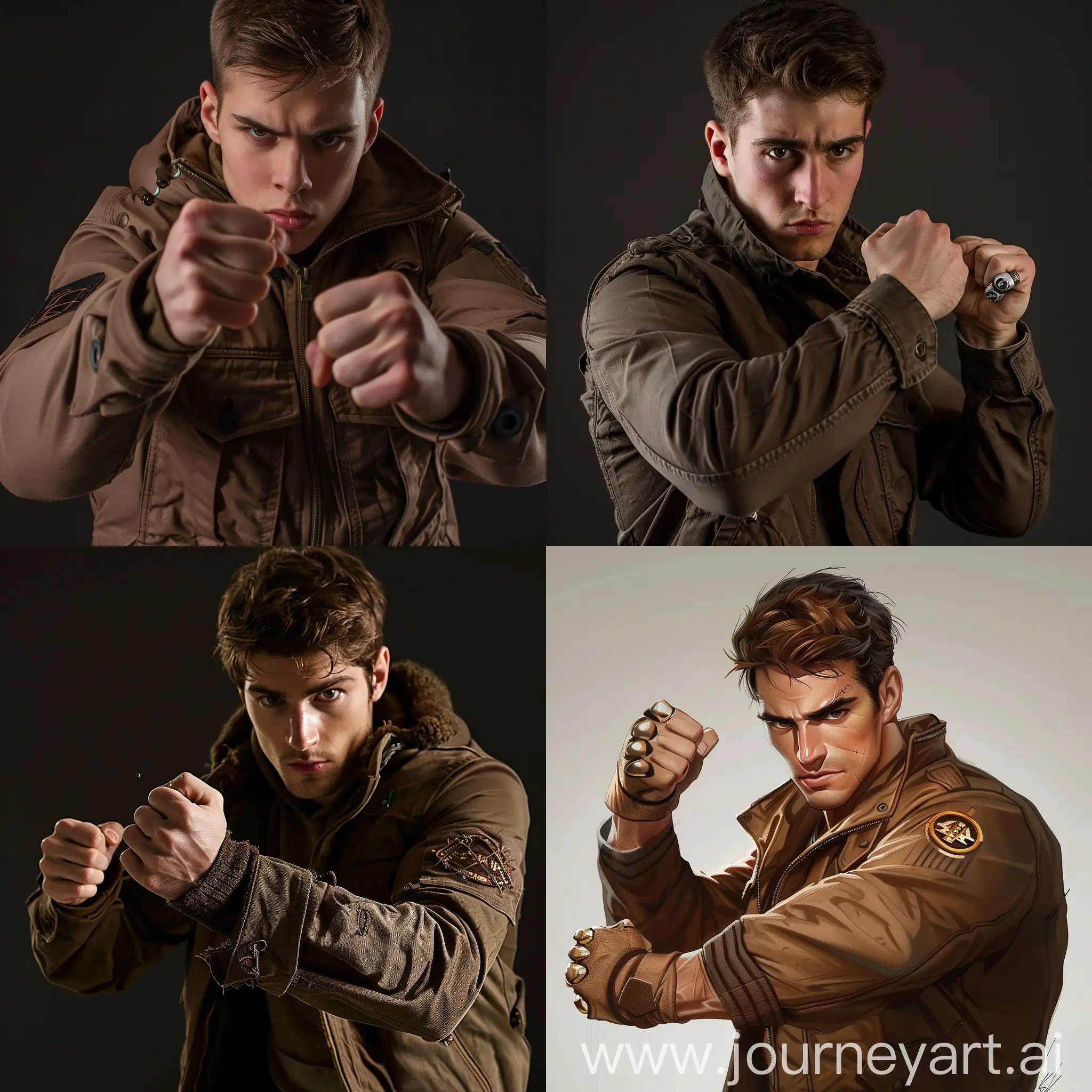 Man with brown hairs and eyes in brown jacket with nuckles in fight pose