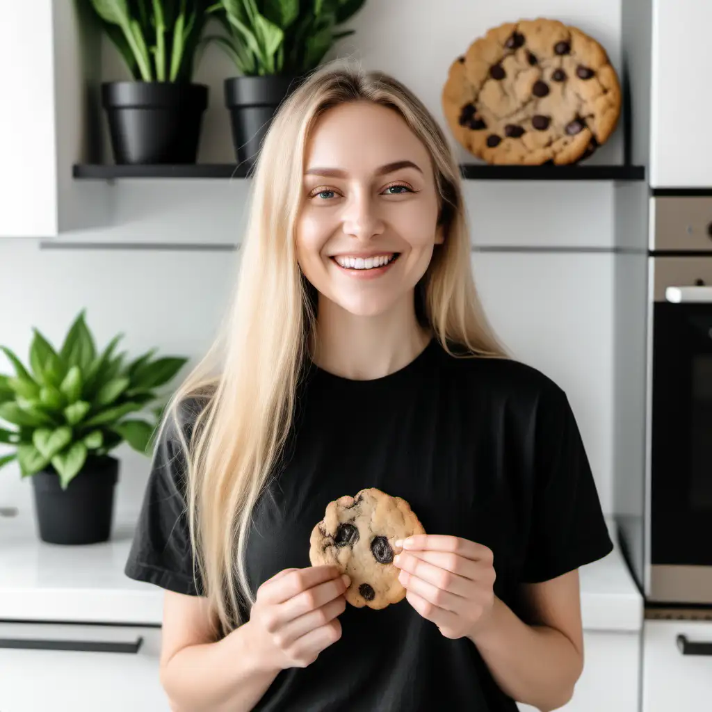 woman with long blonde hair, wearing a completely blank black tshirt standing in a kitchen, holding a cookie, facing the camera, grinning, plants around, in bright light as a mock up