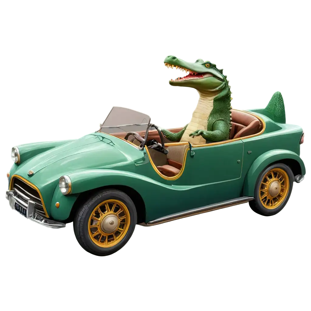 a crocodile driving a car Art Nouveau, typography, CMYK, dreamlike, surrealism, synthwave
