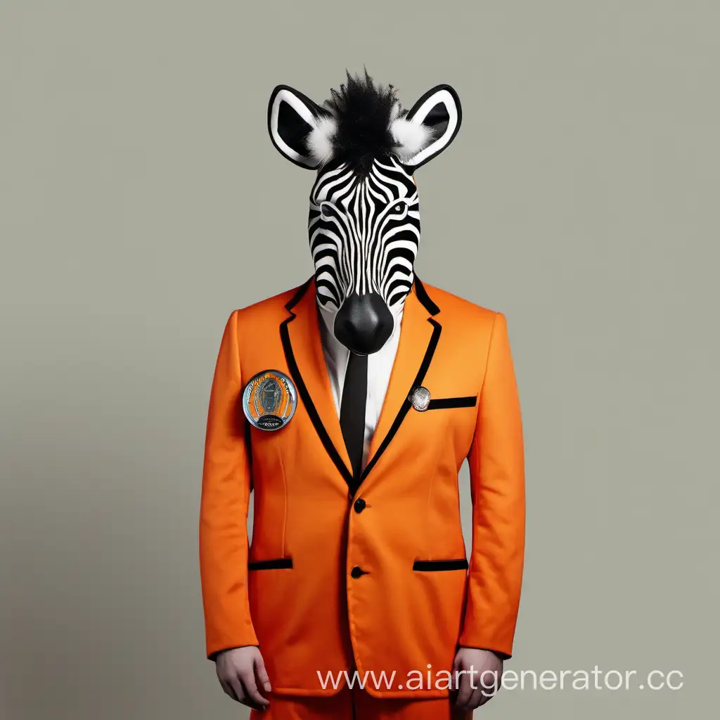 Человек в голове зебры в оранжевом костюме с левой стороны со значком
