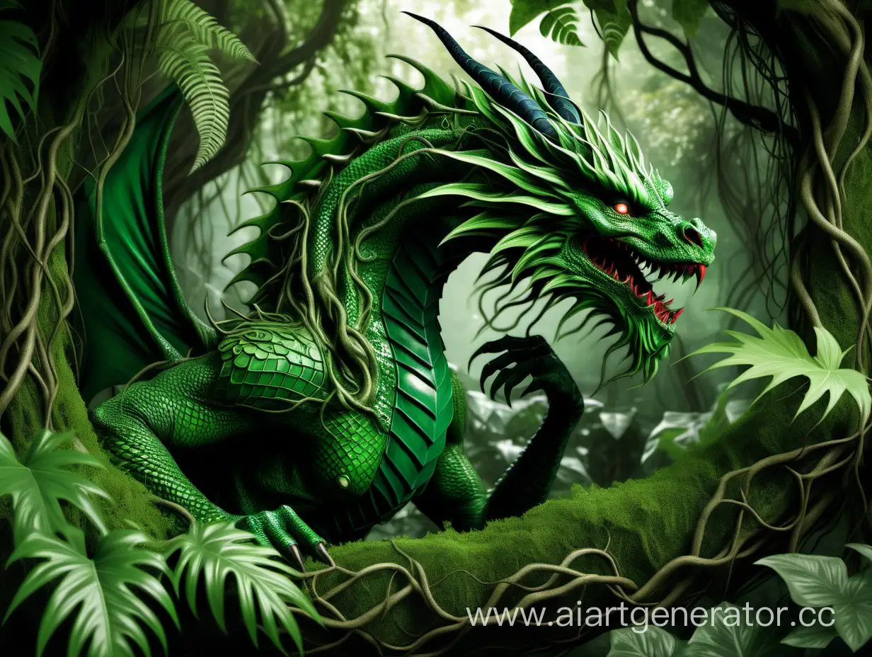 Злой зелёный дракон в джунглях, живые лианы переплели тело дракона 