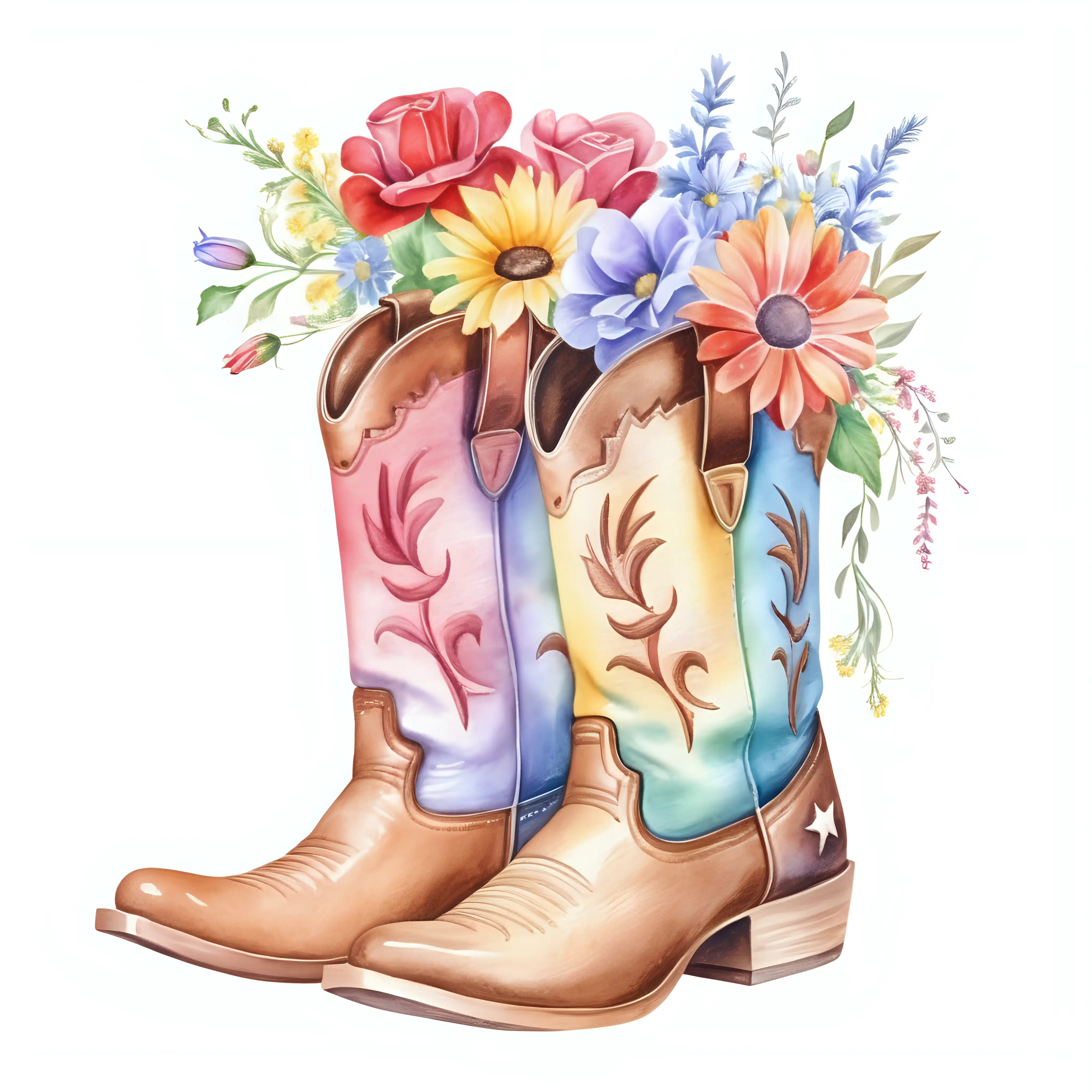 watercolor cowboy boots with flowers coming out of boots, isolated image on white background
