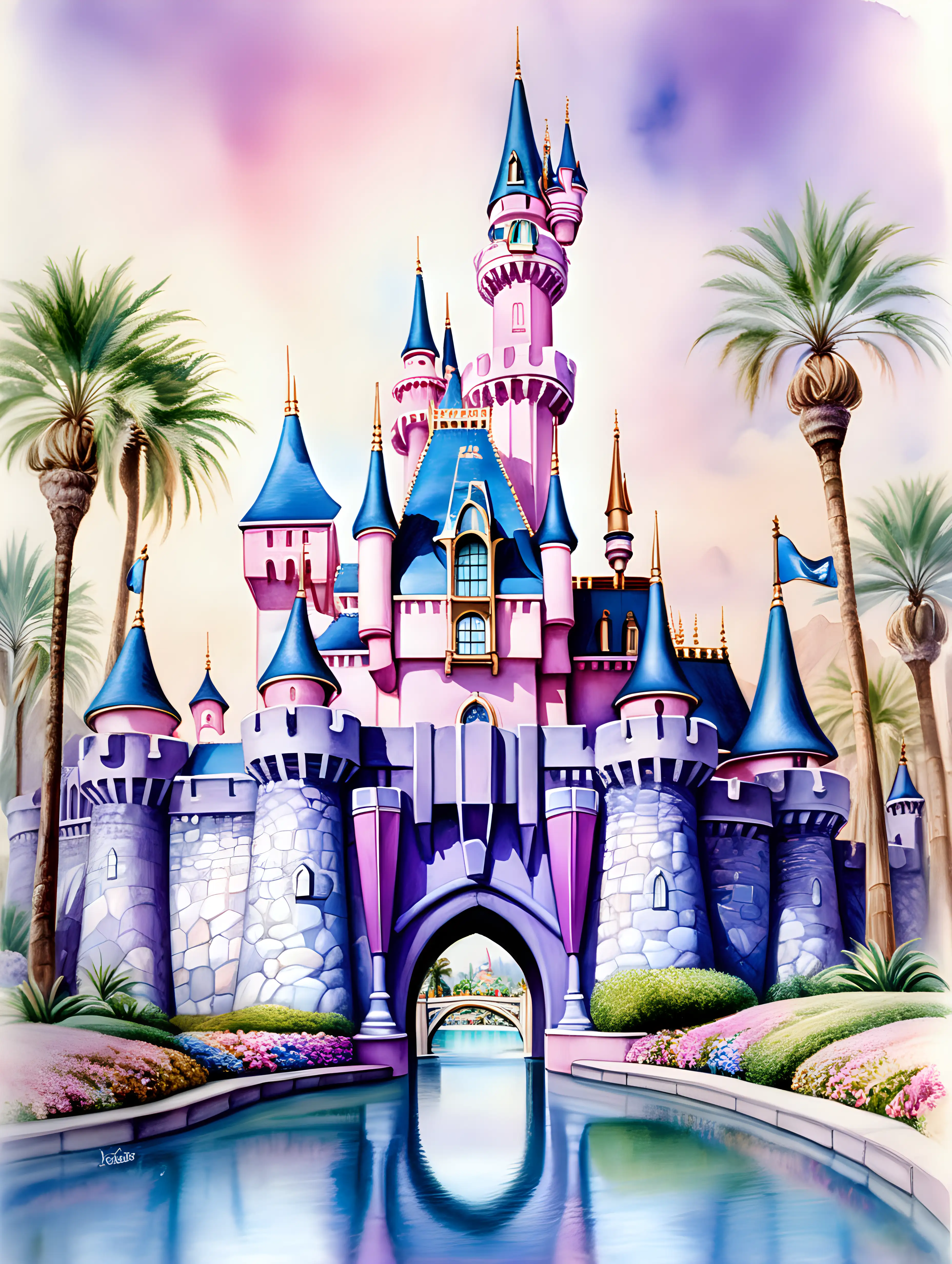high resolution image depicting Anaheim's Disneyland Sleeping Beauty Castle, highly detailed. Subtle palm trees to the sides of the castle, purple, pink and pale blue accents. No steps, but a bridge across water. Watercolor edges must be visible on all sides. Medium: watercolor