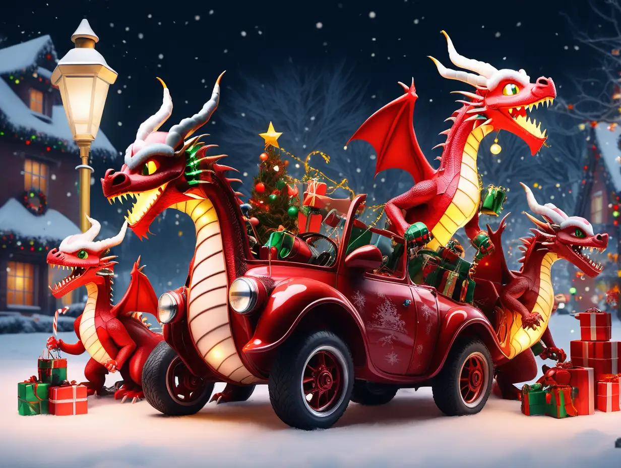A group of christmas dragons with christmas eve, christmas lights and automotive spare barts
