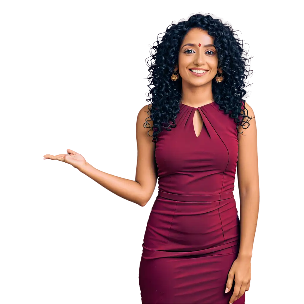 female indian anchor with curly hair and nose pin