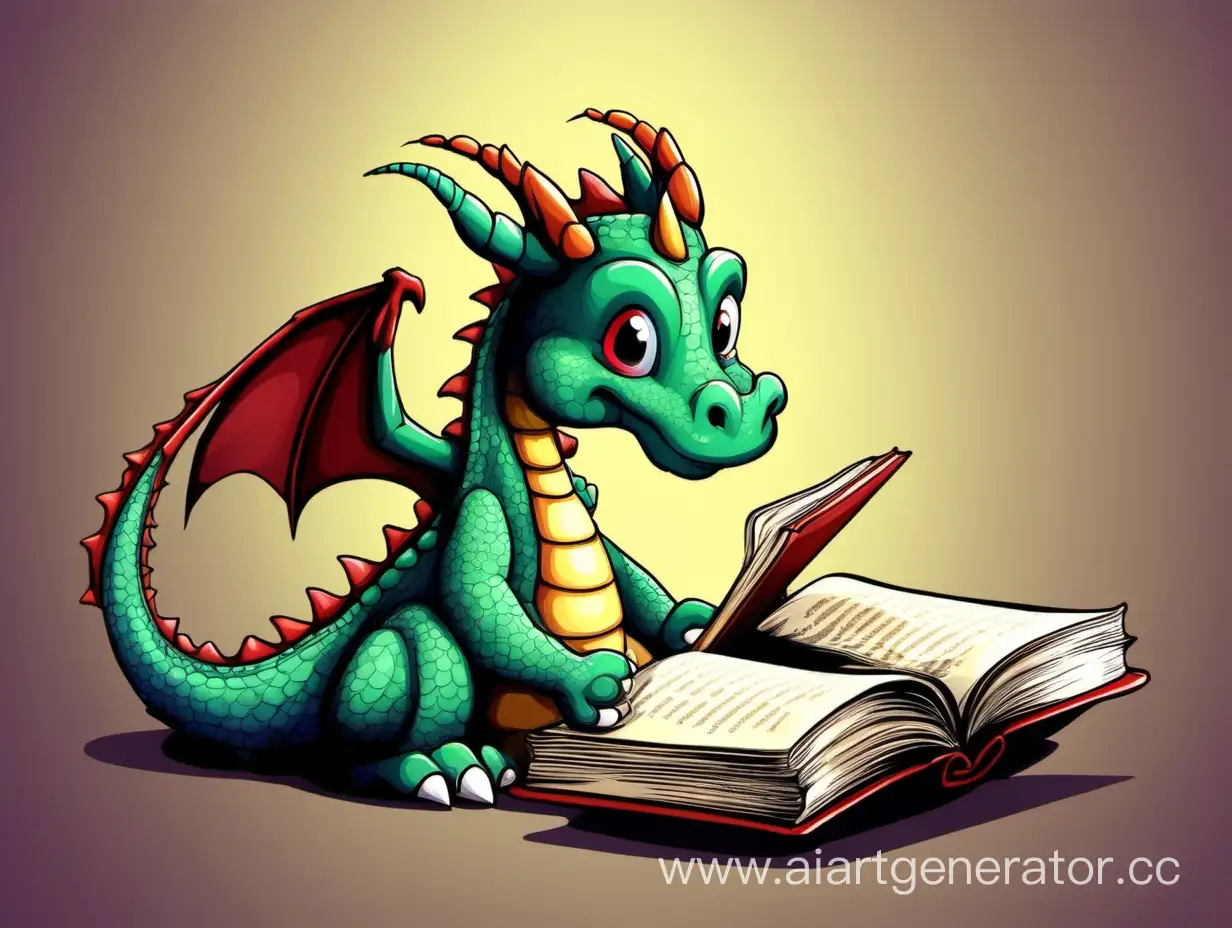 добрый мультяшный дракон читает книжку
