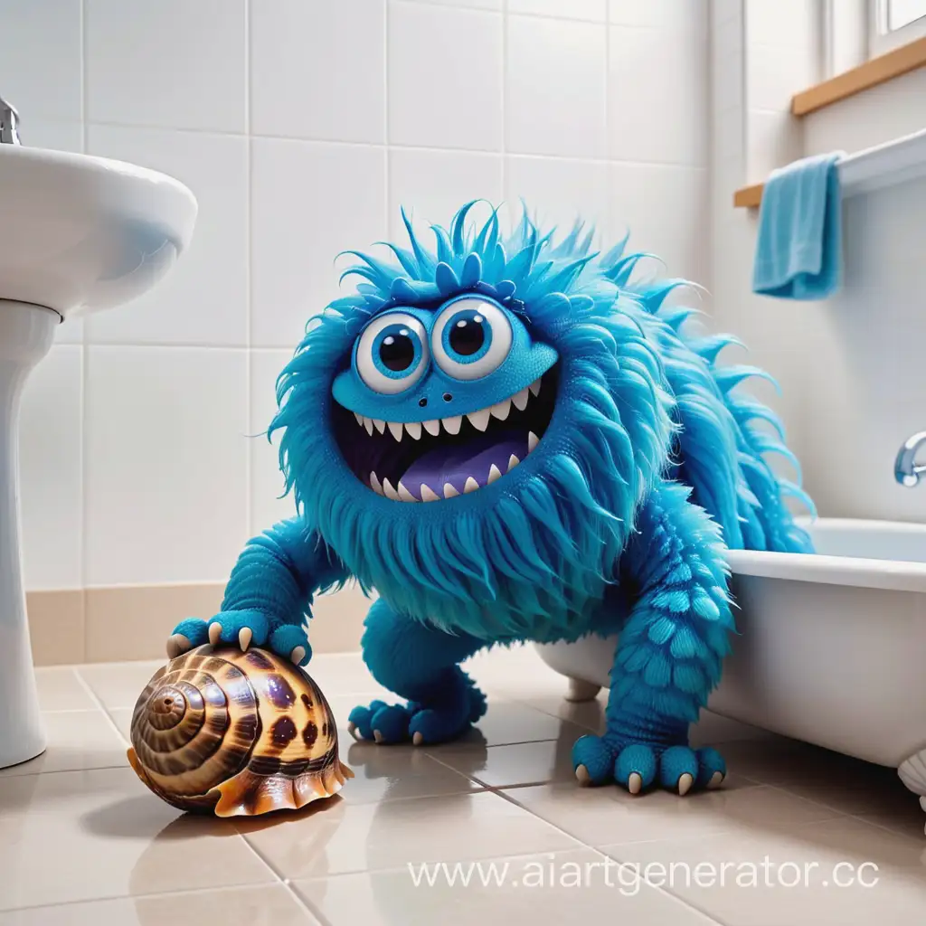 Добрый волосатый монстрик голубого цвета вылазит из раковины в ванной