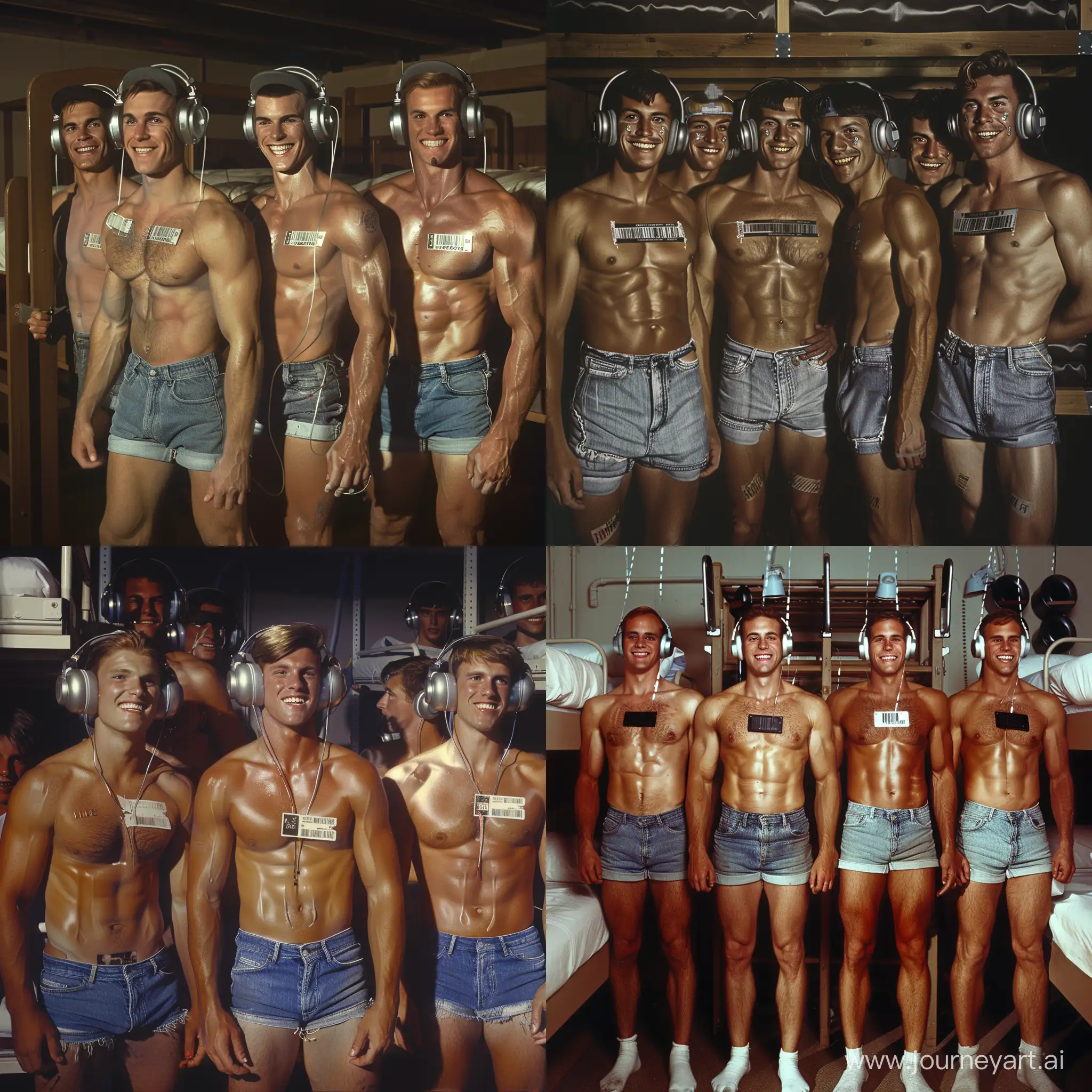 Handsome muscular men of all ages each wear silver headphones and fitted denim cutoff shorts, dazed smiles, small barcode attached to each man's chest, 1980s youth hostel dormitory bunkbed setting, facing the viewer, mass indoctrination, color image, hyperrealistic, cinematic