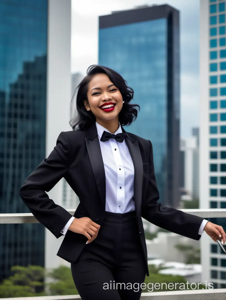 It is night.  A beautiful smiling and laughing filipino woman with dark skin,  shoulder length black hair, and lipstick, mid-twenties of age, near the edge of a tall building looking at the viewer.  She is wearing a tuxedo with an open black jacket and black pants.  Her shirt is white with double french cuffs and a wing collar.  Her bowtie is black.   Her cufflinks are large and black.  She is wearing shiny black high heels. She is waving at you.