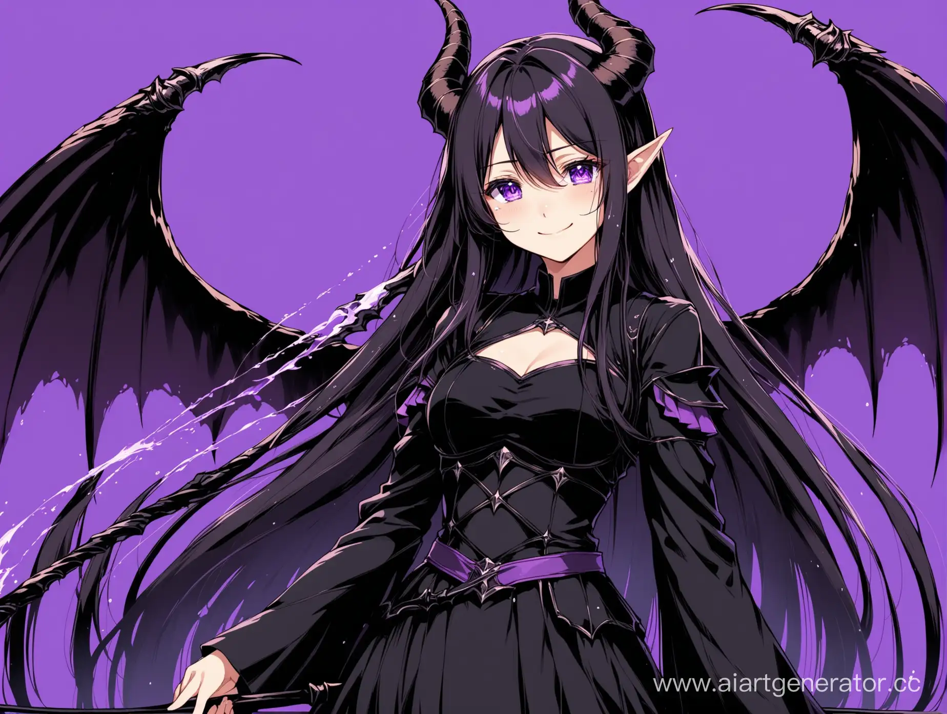 Аниме девушка по пояс, в чёрной одежде, улыбается, на глазах слёзы, с крыльями и рожками, в правой руке чёрно-фиолетовая коса, фиолетовый фон, длинные волосы.