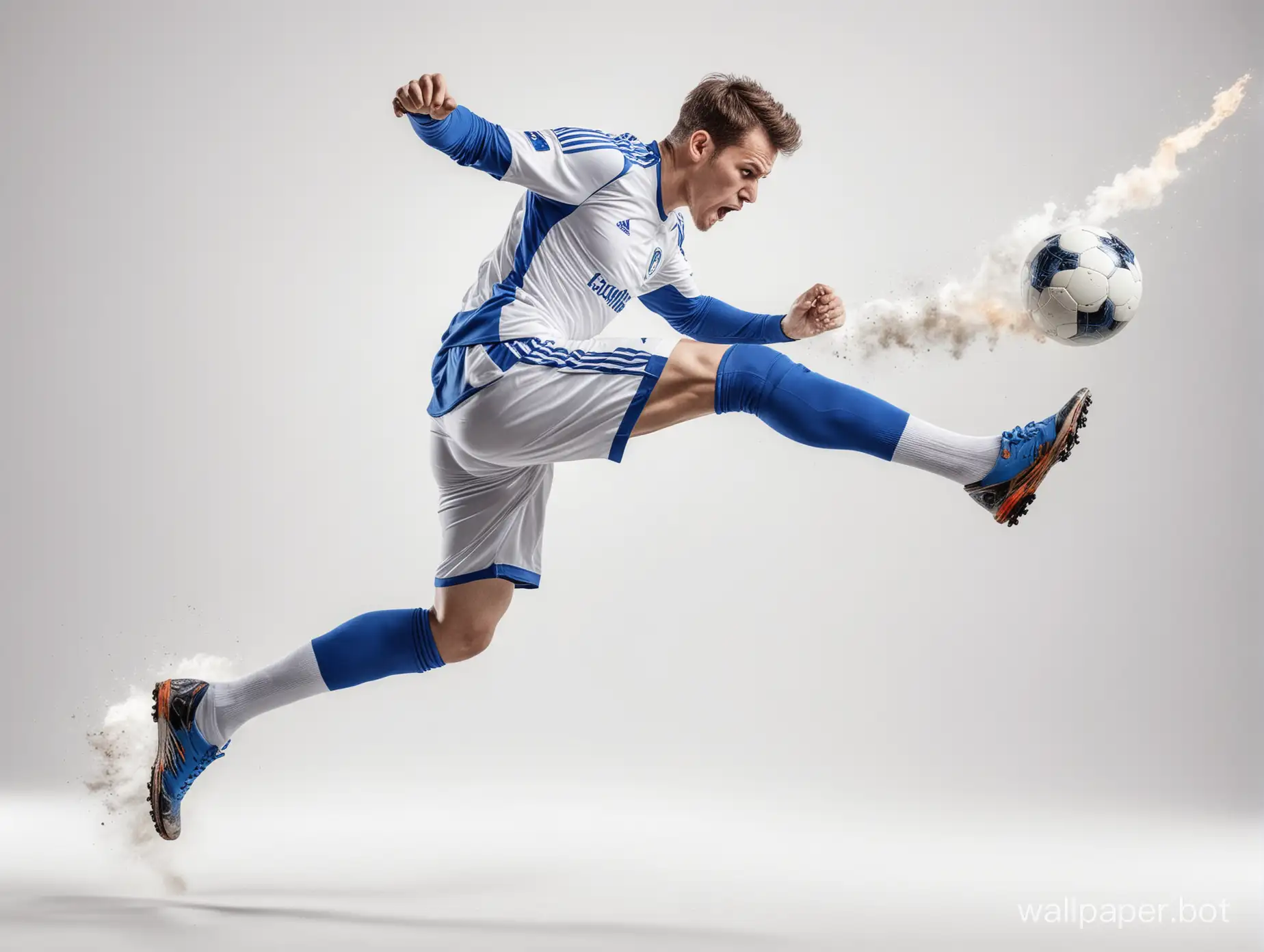 Соккер . игрок в бело синий форме  резко ускоряется и в прыжке наносит мощнейший удар  огонь вокруг мяча в полный рост высокая детализация фото UHDR белый фон 