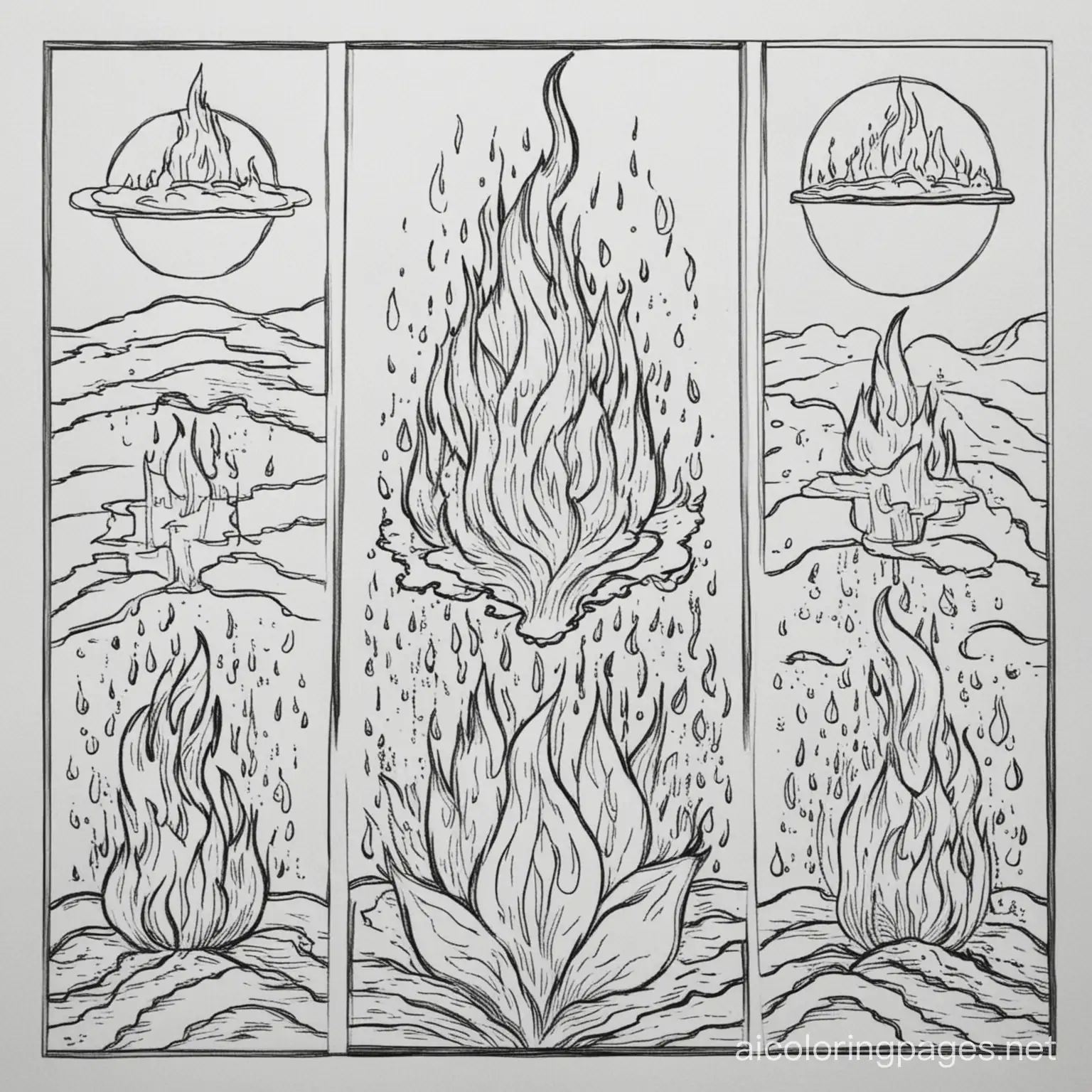 fire water air earth and  coloring pages, Coloring Page, black and white, line art, white background, Simplicity, Ample White Space. The background of the coloring page is plain white to make it easy for young children to color within the lines. The outlines of all the subjects are easy to distinguish, making it simple for kids to color without too much difficulty