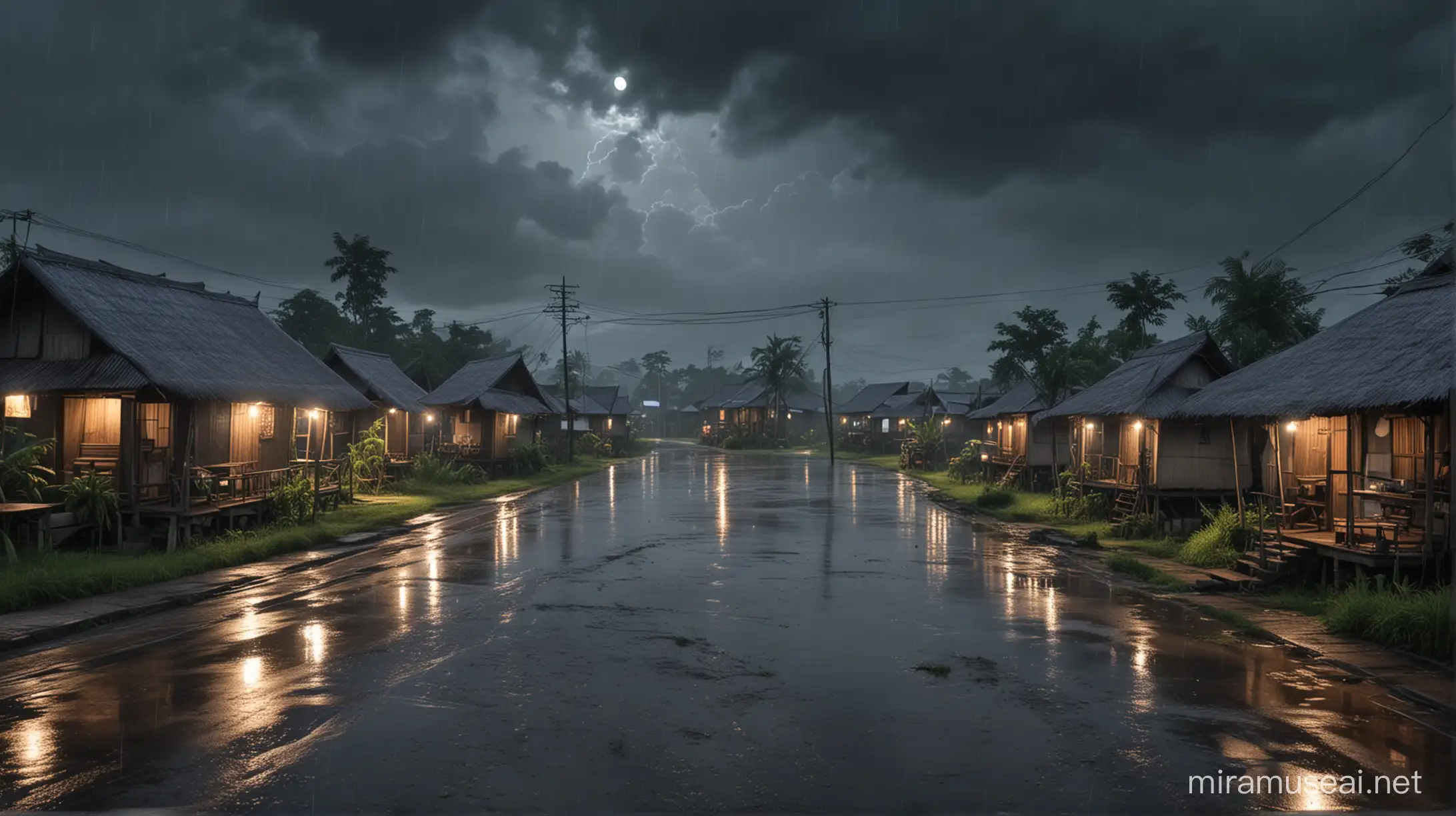 Sebuah desa di Indonesia, Suasana hujan malam hari. Tampak Langit mendung. Realistic 

