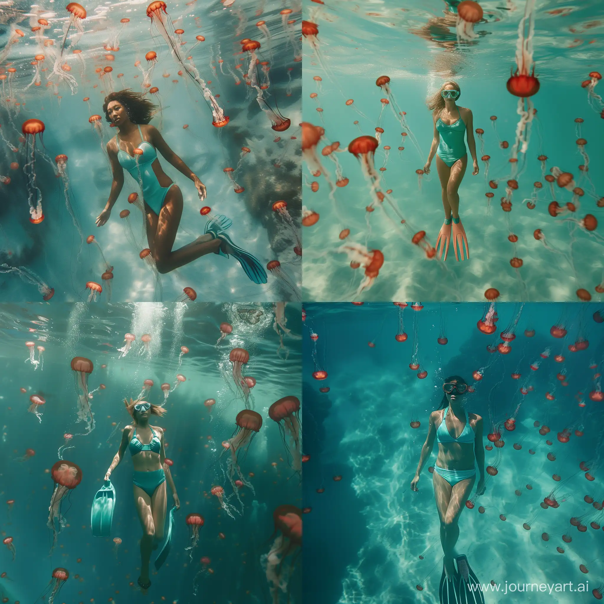 Я плаваю под прозрачной водой в бирюзовом купальнике с ластами. Вокруг меня много красных маленьких медуз. 