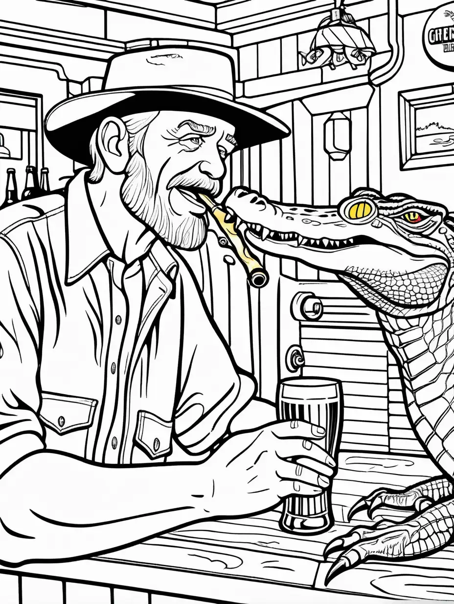 Adult Coloring Book, old redneck man drinking beer with an alligator drinking beer at a bar in florida, Black and White, black outline, high contrast