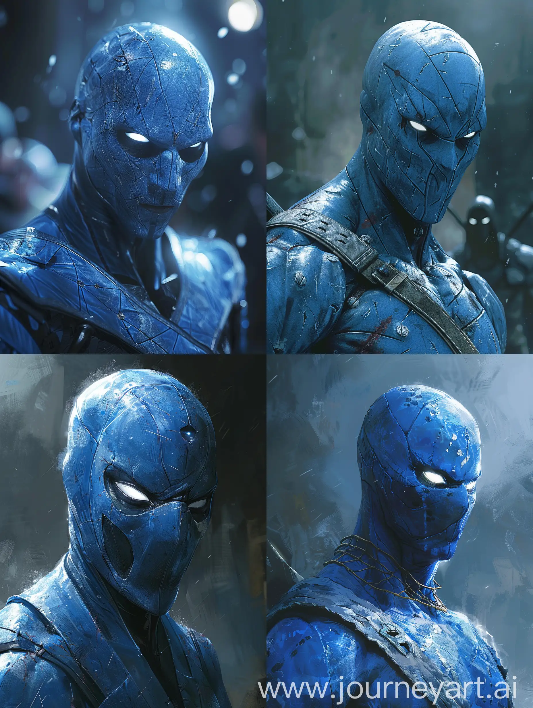 персонаж Raziel из видеоигры legacy of kain soul reaver,этот персонаж синего цвета без челюсти похож на вампира с белыми глазами, 8k --s 500 --ar 3:4