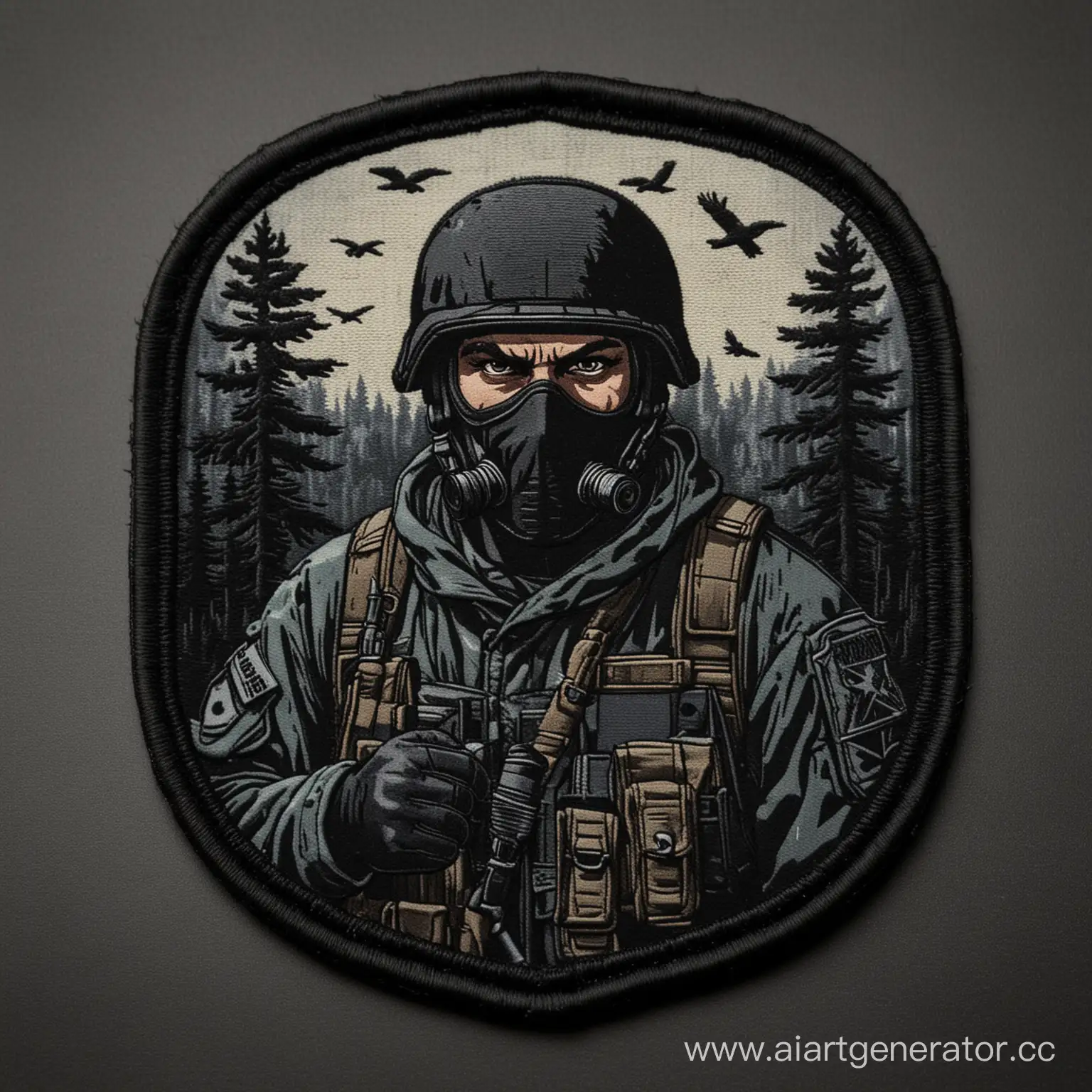 PMCs patch , patch depicting a military stalker against a black forest background ,dark tones