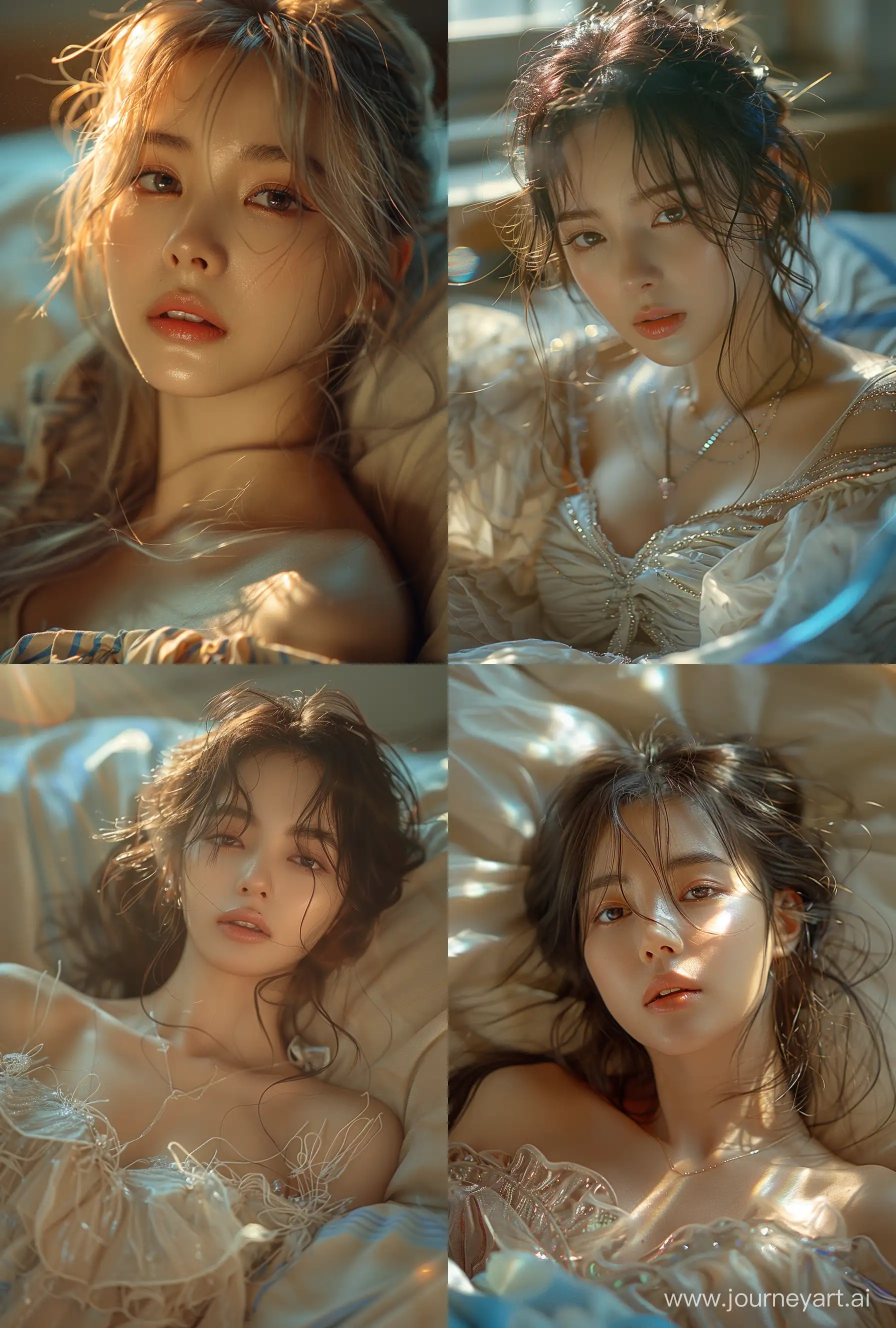 a blackpink's jennie laying in bed, anamorphic lens flare, bella kotak, video, close up, jagged edges, light beige and blue --ar 73:108 --stylize 750 --v 6