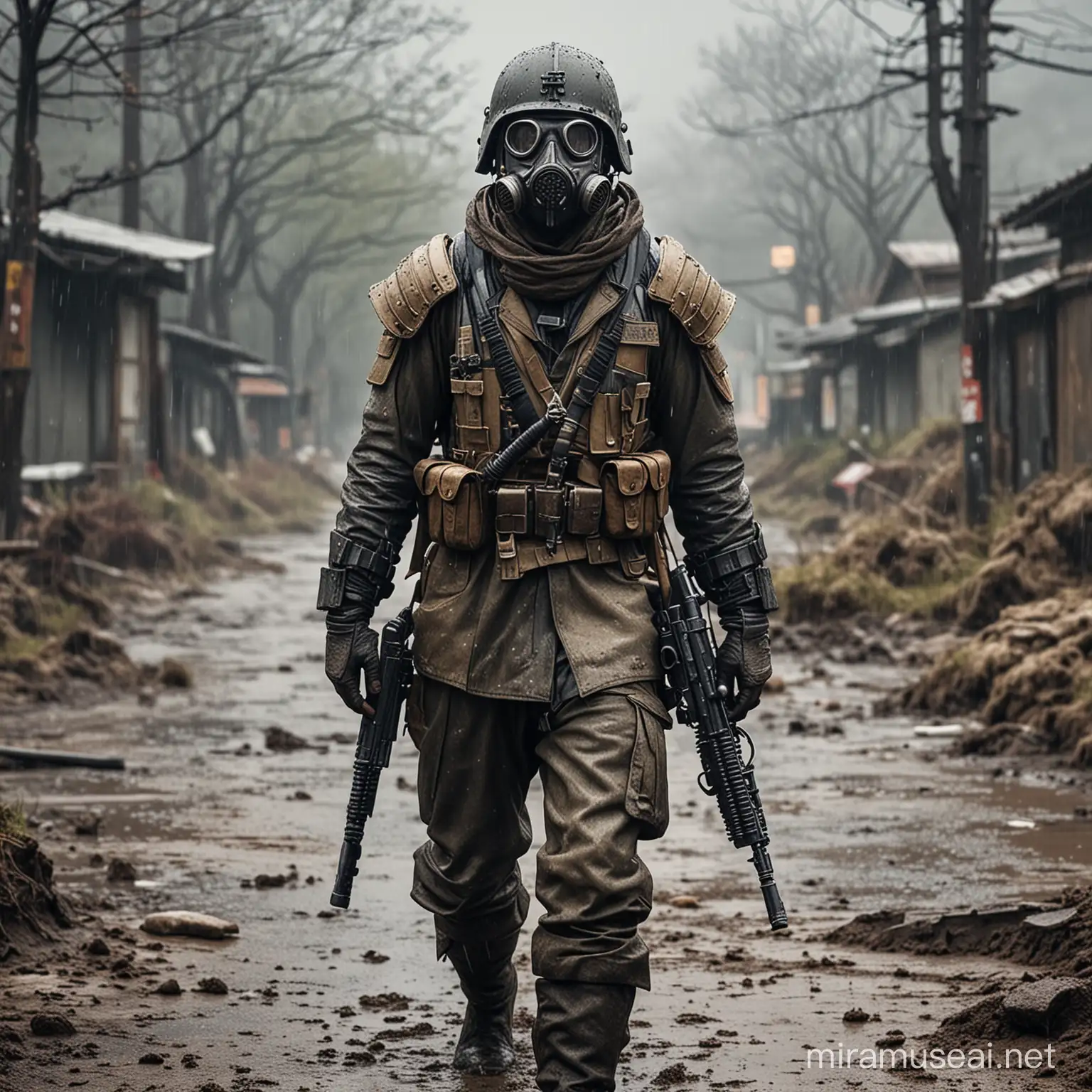 Japan soldier in post post apocalyptic world.Rainy weather,ground is mud.He has armor but not new armor,helmet with gas mask and gun.Realistic,detailed  