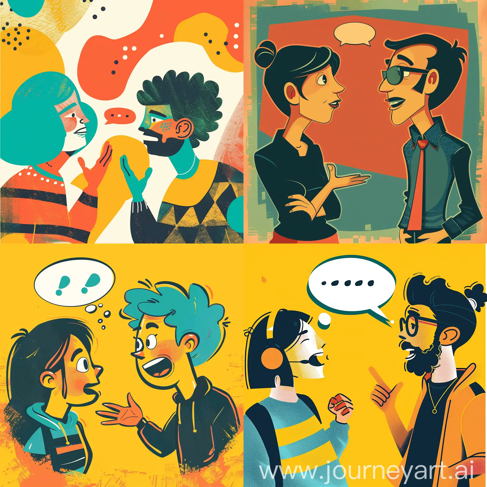 a poster style image of two cartoonish people in a conversation
