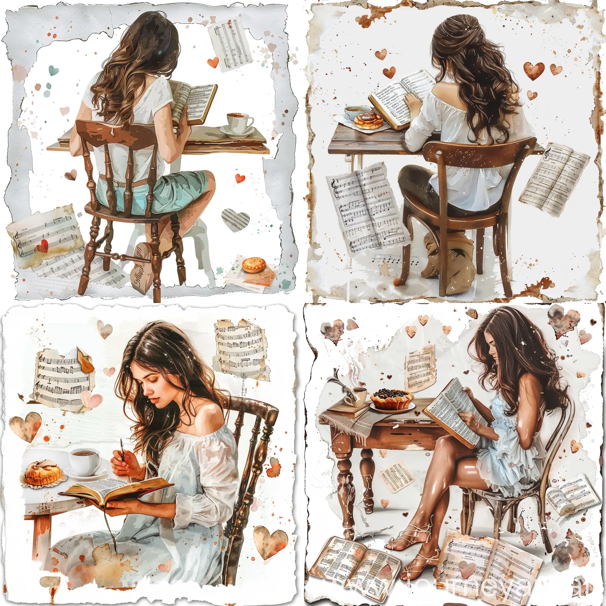 white background and border around images. hyper realistic beautiful lady with dark brown hair studying the Bible sitting on a chair at a table. arts and crafts. watercolor hearts and splatters. A cup of coffee a pastry. tea stained torn paper. distress oxide vintage music sheets. drop shadow sticker edges. no images cut off, touching, and centered.