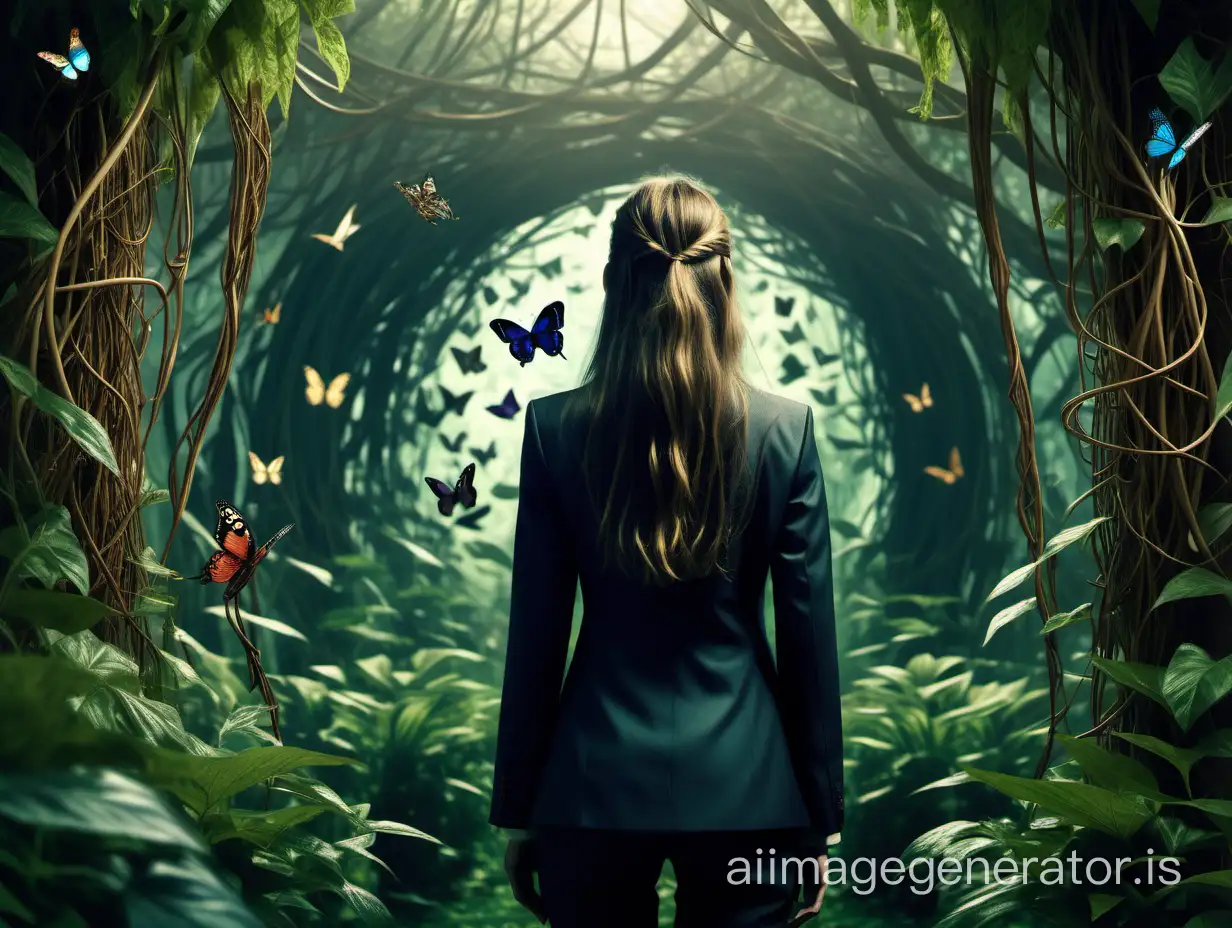 A European girl of model appearance, with long brown hair, 25 years old, in a business suit, stands on the edge of the “digital jungle”. Lianas are intricately intertwined around, and the vines are drawn in the style of the film "The Matrix". The girl is visible from the back. The whole composition is in the style of "Alice in Wonderland" - everything is very futuristic. The girl stands with her back to the viewer, facing the jungle! Almost in the middle of the frame. The overall tone of the picture is light, not gloomy! Flowers, butterflies, digital vines from the Matrix hieroglyphs