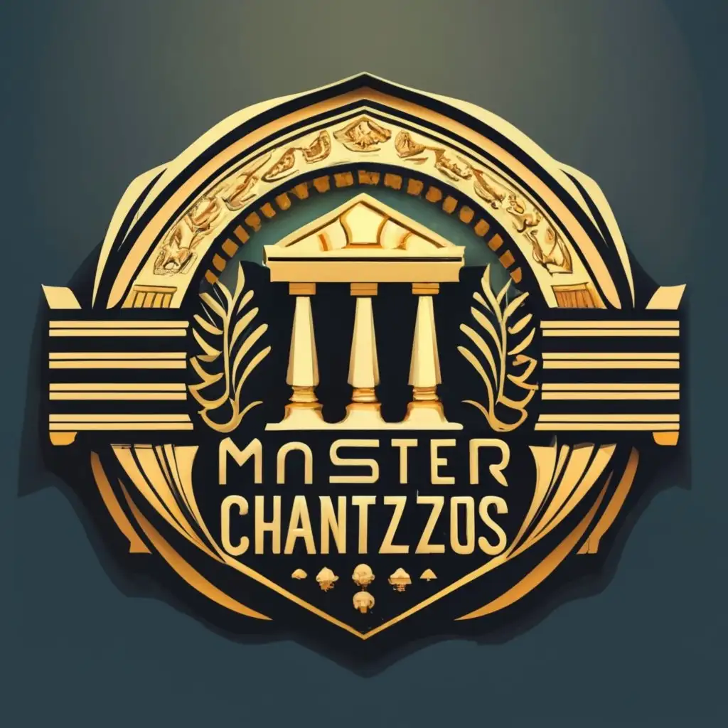 logo, lawyer everything in gold and inside a shield with a marble background, with the text "MASTER CHANTZOS", typography, be used in Legal industry