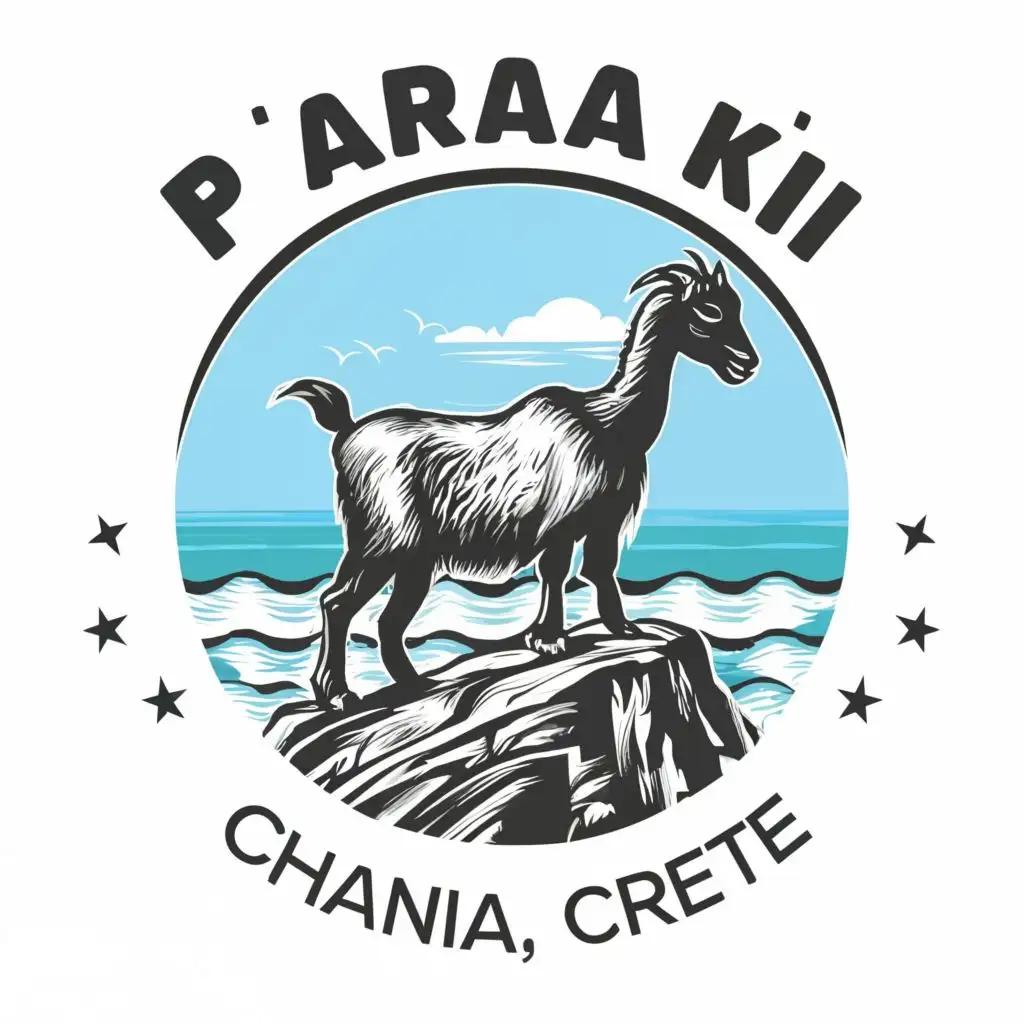 logo, Black and white majestic mountain goat standing on mountain overlooking ocean waves, with the text ""paralia kri-kri" chania, crete", typography, be used in Home Family industry
