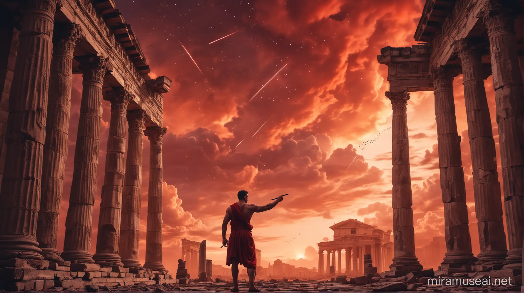 Stoic Muscular Figure Amidst Ancient Columns Under Red Clouds