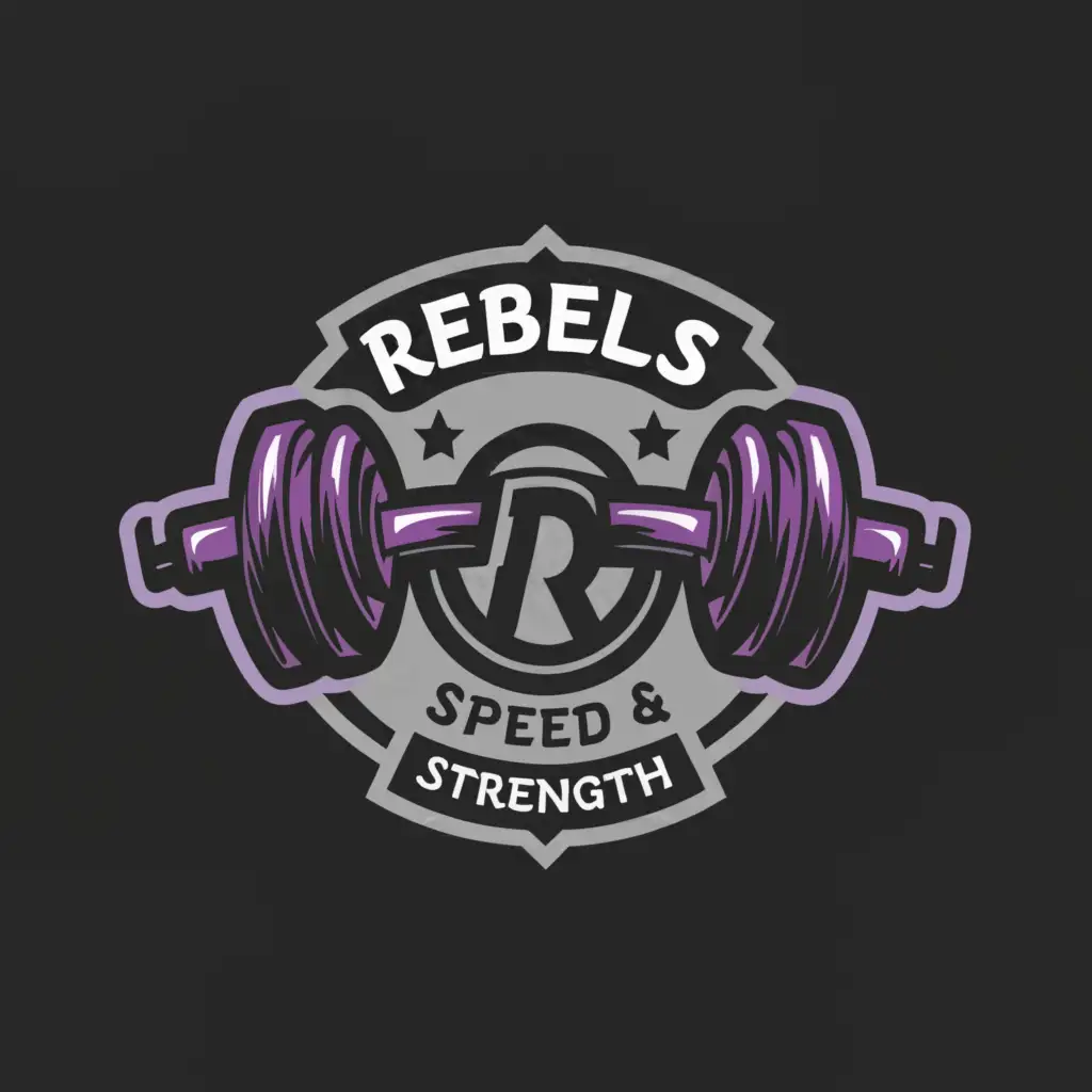a logo design,with the text "Rebels Speed & Strength", main symbol:Weights, Purple, Black, Gray,Moderate,be used in Sports Fitness industry,clear background