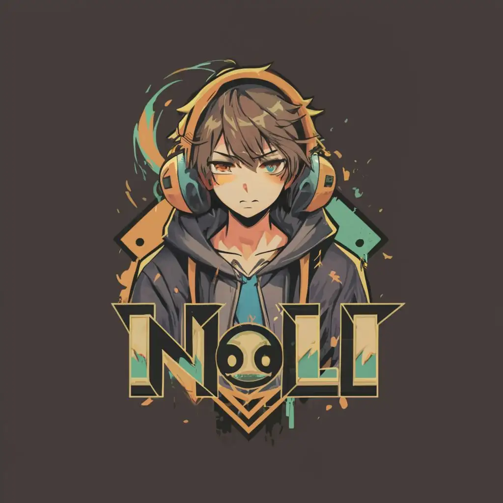 a logo design, with the text "N0LI", main symbol: anime Gamer with headphones and hoodie on, Moderate, clear background short hair that is dark brown, blue eyes, angry