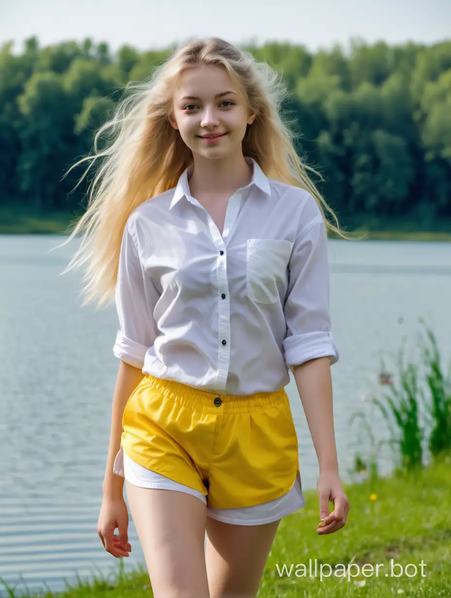 Full Figure, Girl, Ukrainian, 18 years old, slim, small breast, long, weavy blonde hair, grey eyes, peaceful smile, wearing yellow shorts and a white button-down shirt, walking on the grass near a lake, wearing white sneakers.