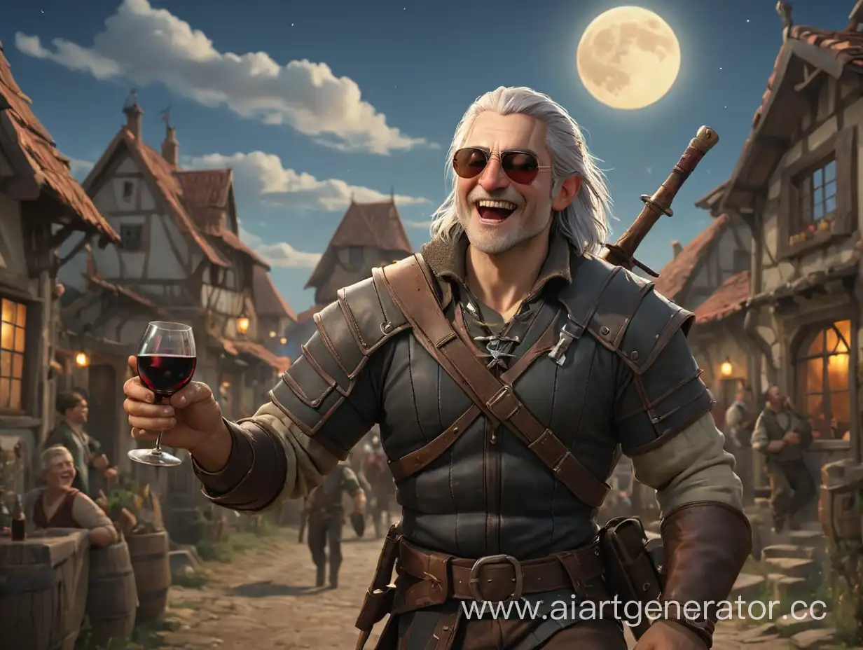 Cheerful-Witcher-Hunting-Goblins-Amidst-Festive-Village-Celebration